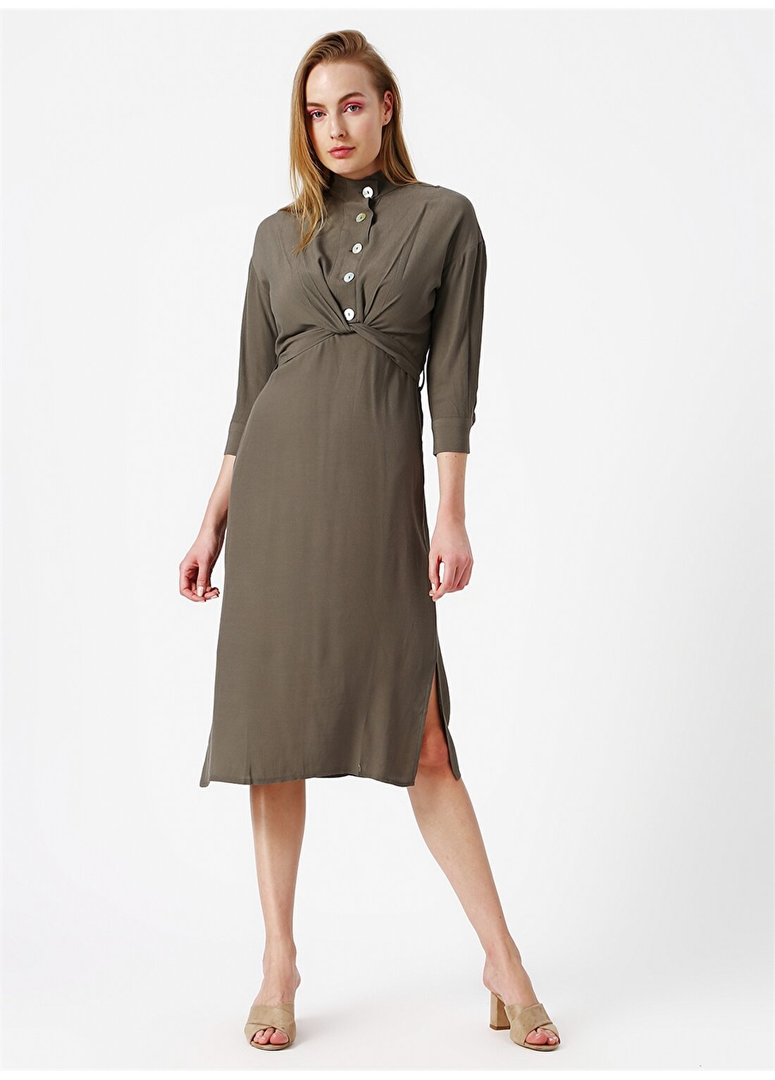 Koton Düğme Detaylı Haki Kadın Elbise