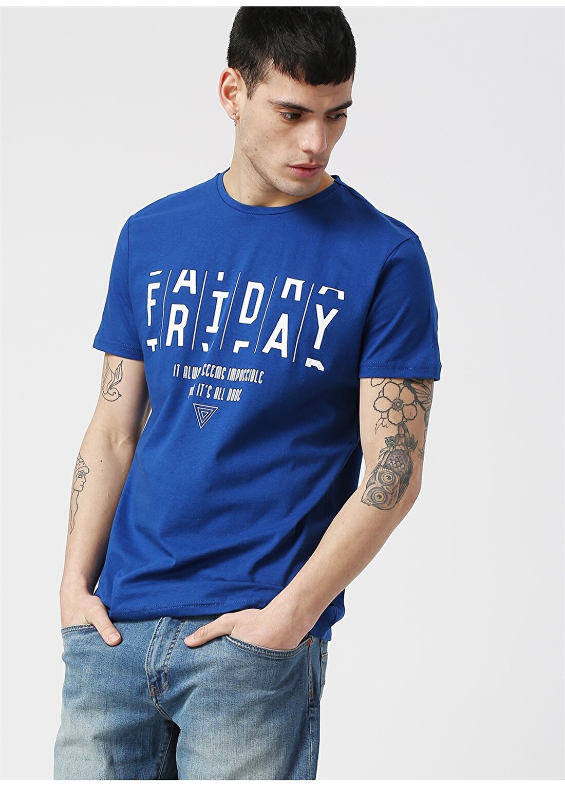 Koton Baskılı Mavi Bisklet Yaka T-Shirt