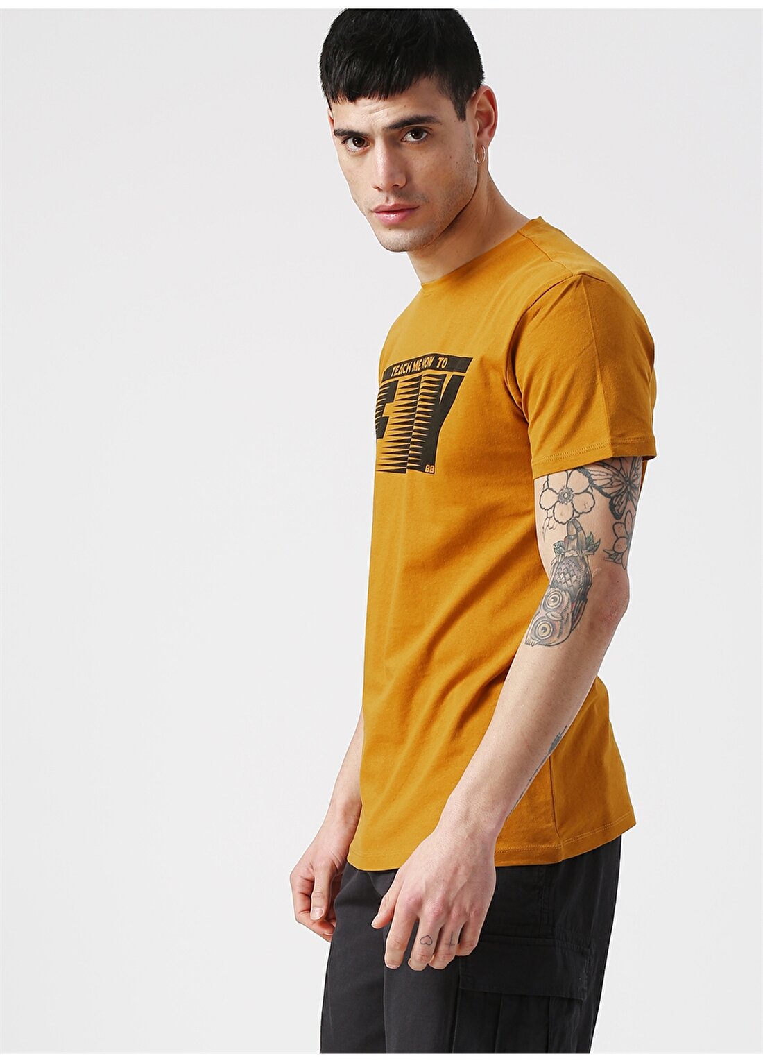 Koton Sarı Baskılı Bisiklet Yaka T-Shirt