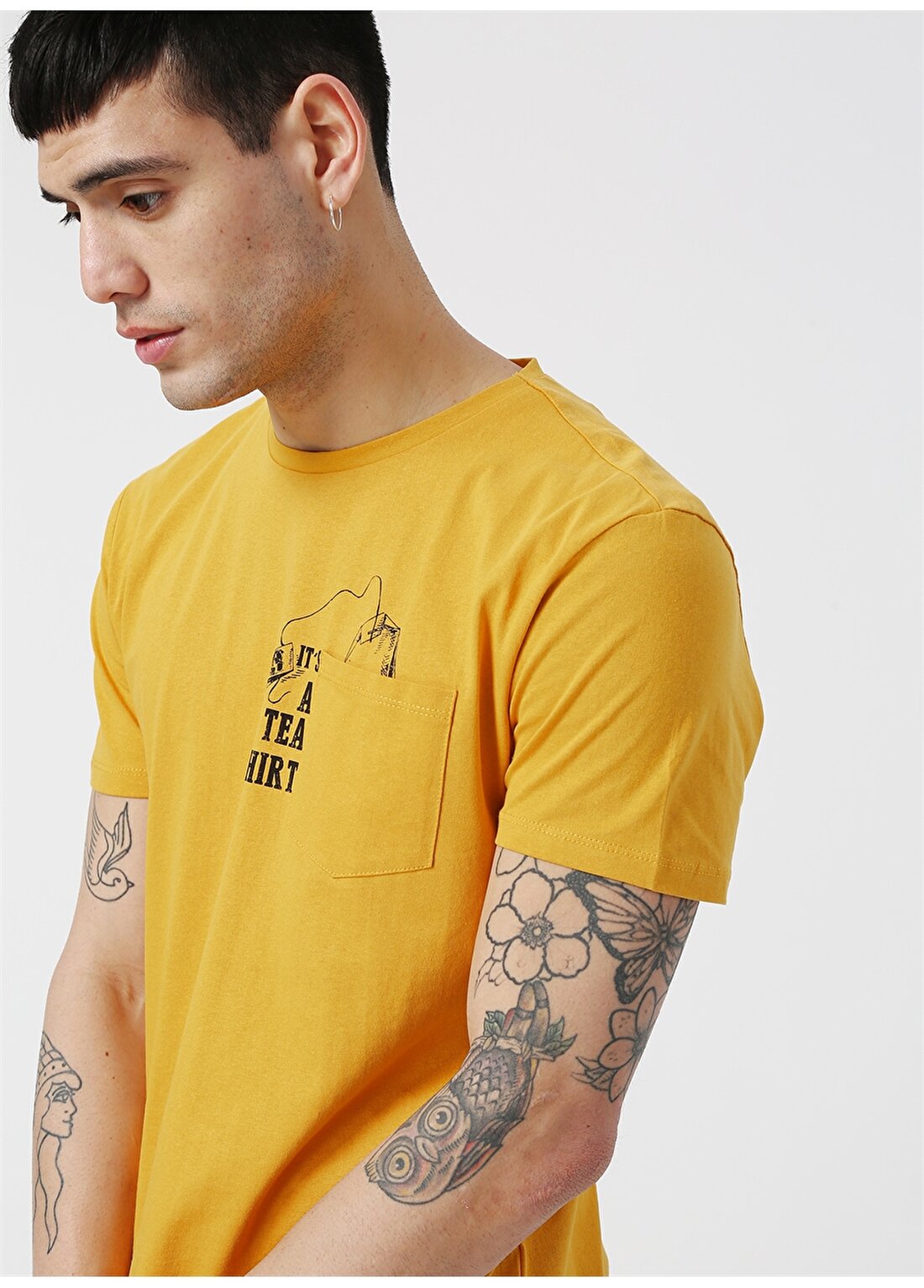 Koton Sarı Baskılı Bisiklet Yaka T-Shirt