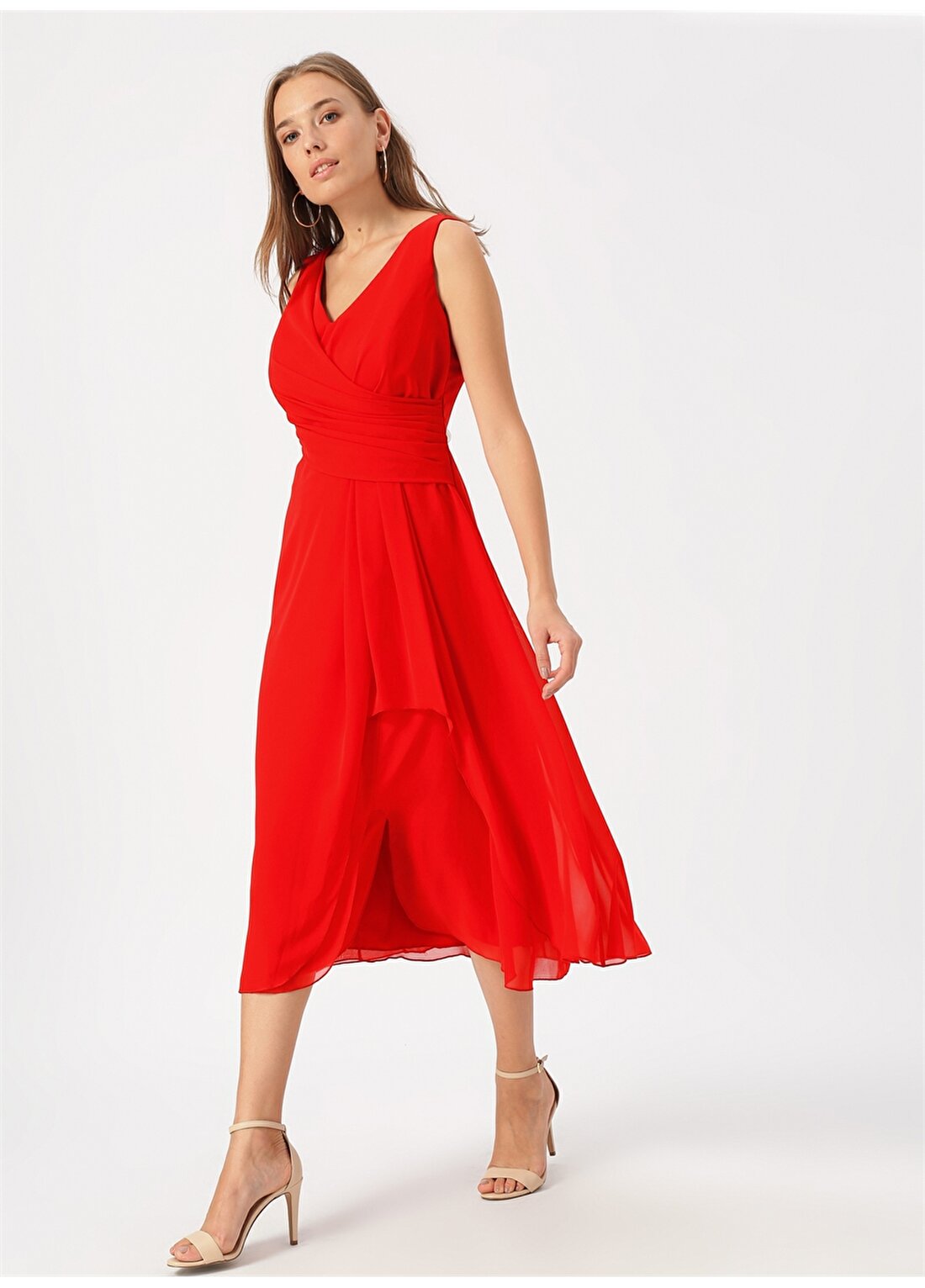 Selen Kırmızı Sırtı Dantel Detaylı Elbise