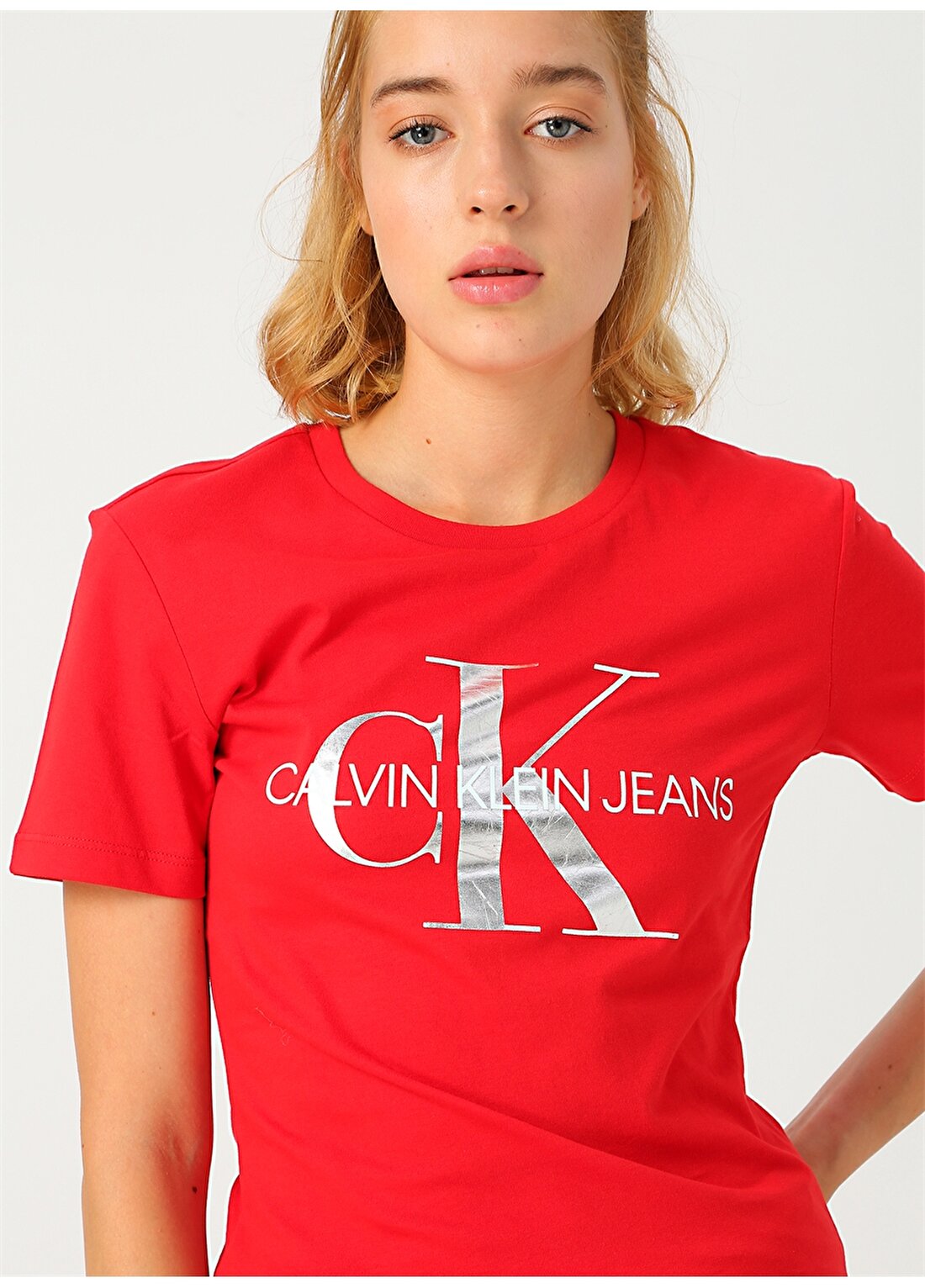 Calvin Klein Jeans Nar Çiçeği Kadın T-Shirt METALLIC MONOGRAM SLIM TEE
