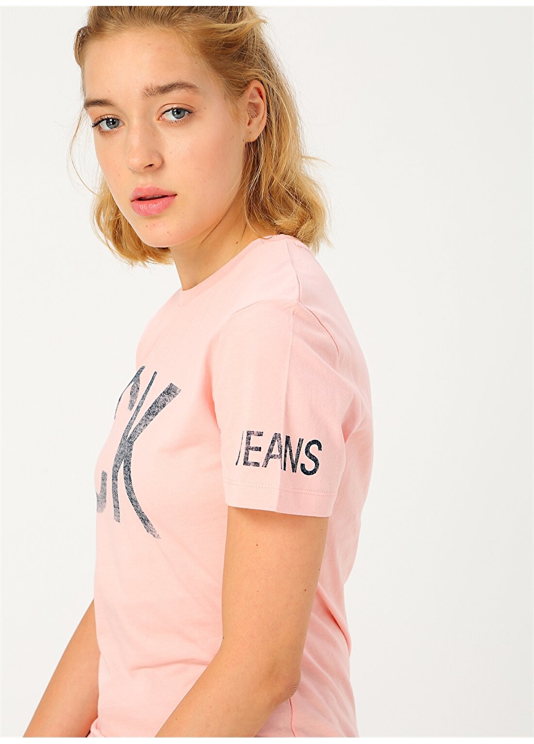 Calvin Klein Jeans Pembe Kadın T-Shirt REVERSED CK LOGO MODERN SLIM TEE