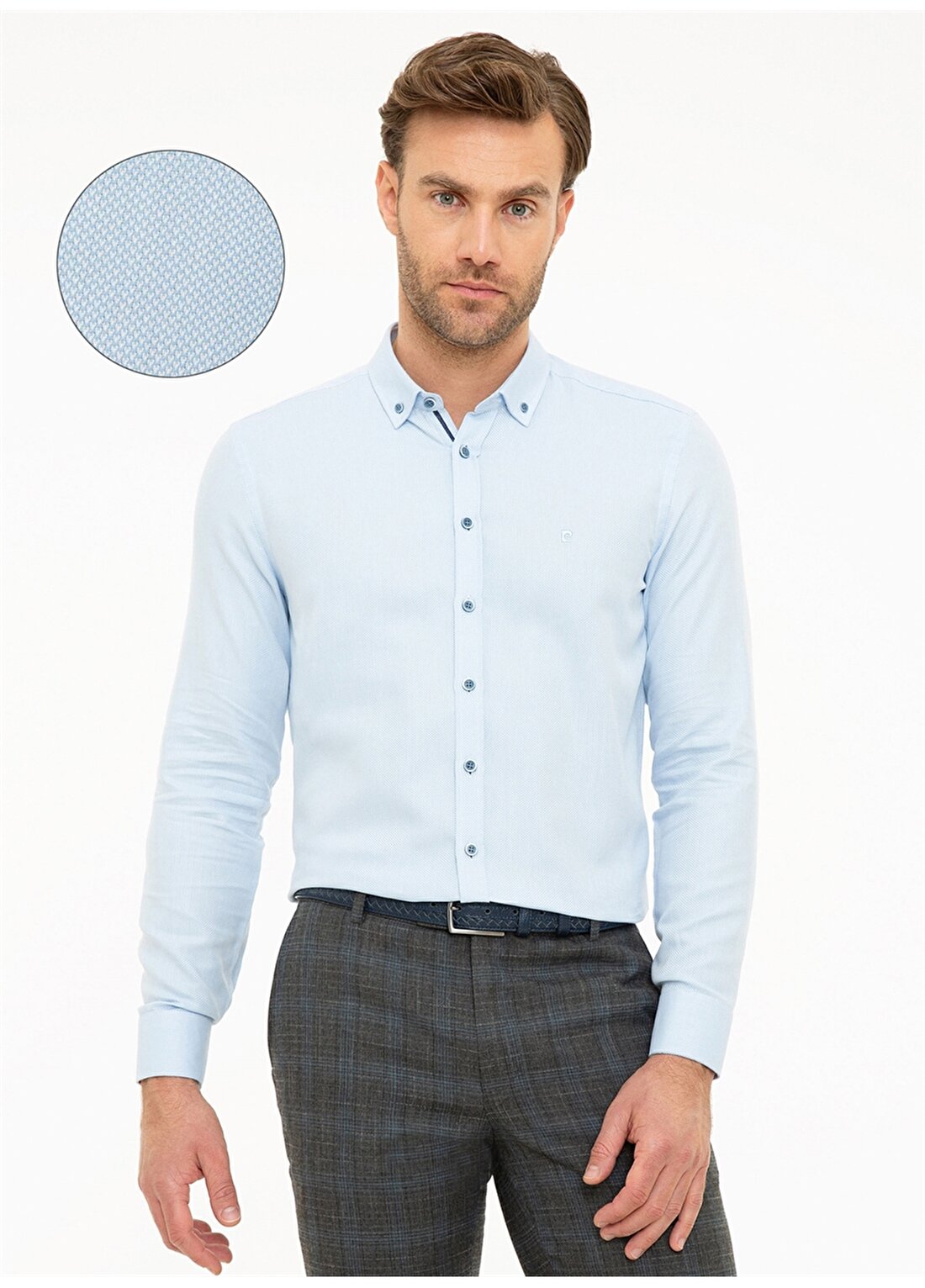 Pierre Cardin Düğmeli Yaka Uzun Kol Pamuklu Slim Fit Açık Mavi Erkek Gömlek