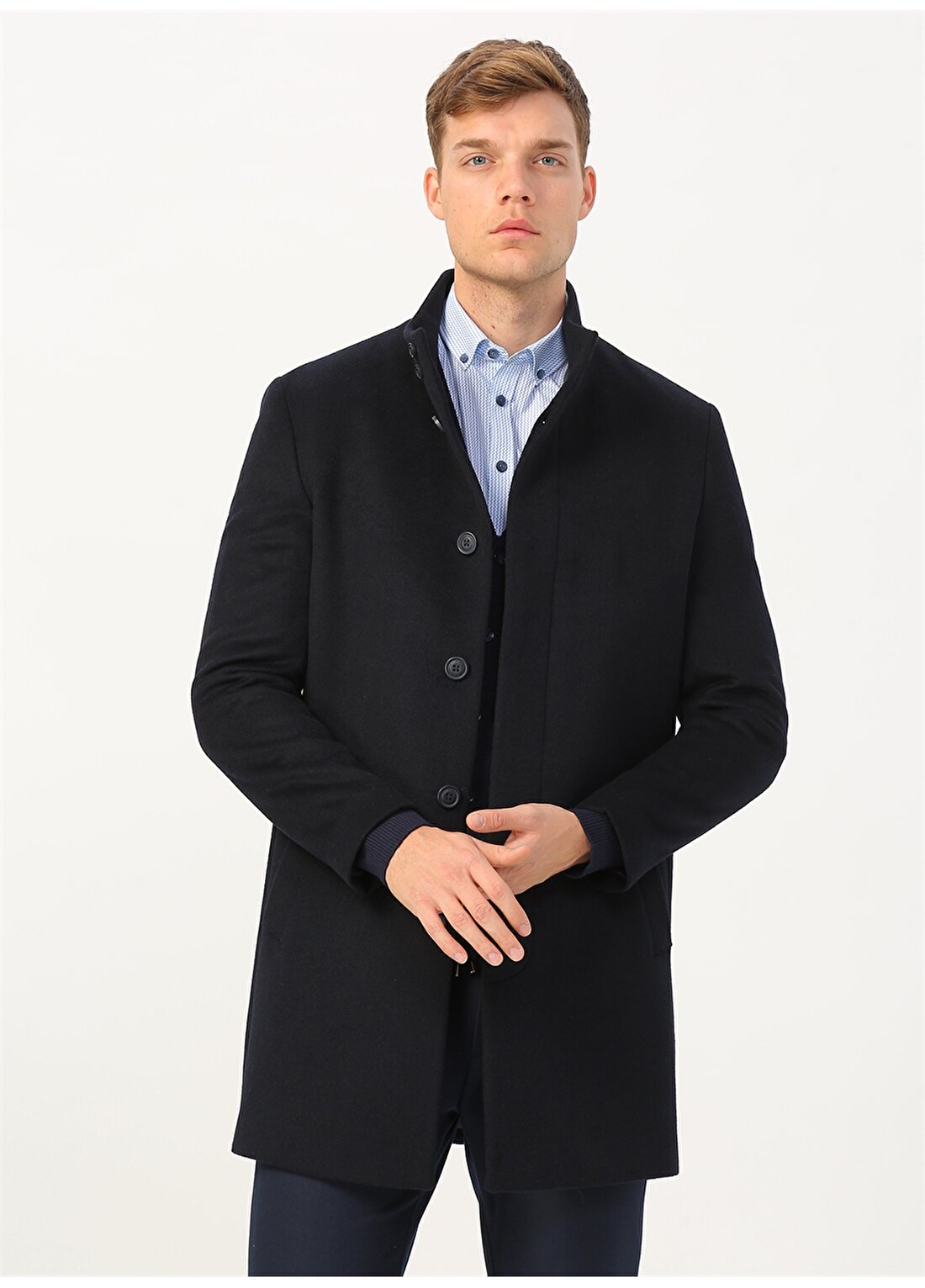 Pierre Cardin Düğmeli Yaka Uzun Kollu Lacivert Erkek Palto