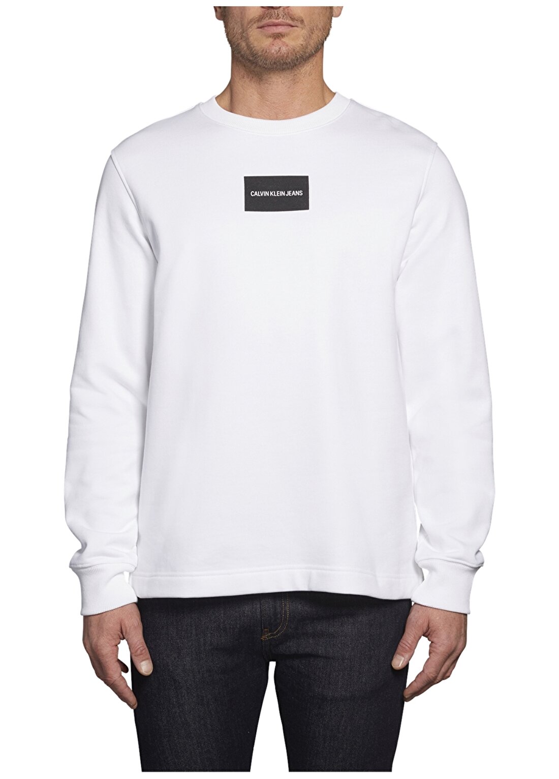 Calvin Klein Jeans Erkek Beyaz Sweatshirt J30J313188 SMALL INSTIT BOX REG CN