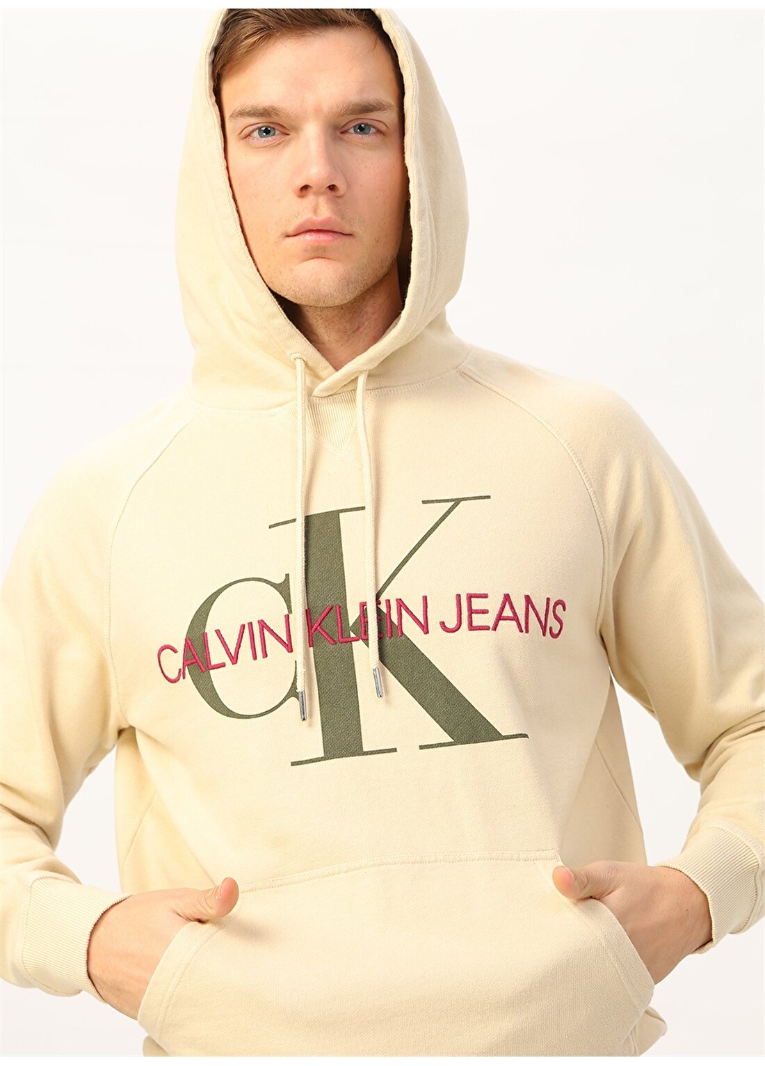 Calvin Klein Jeans Erkek Krem Sweatshirt J30J313219 WASHED REG MONOGRAM HOOD