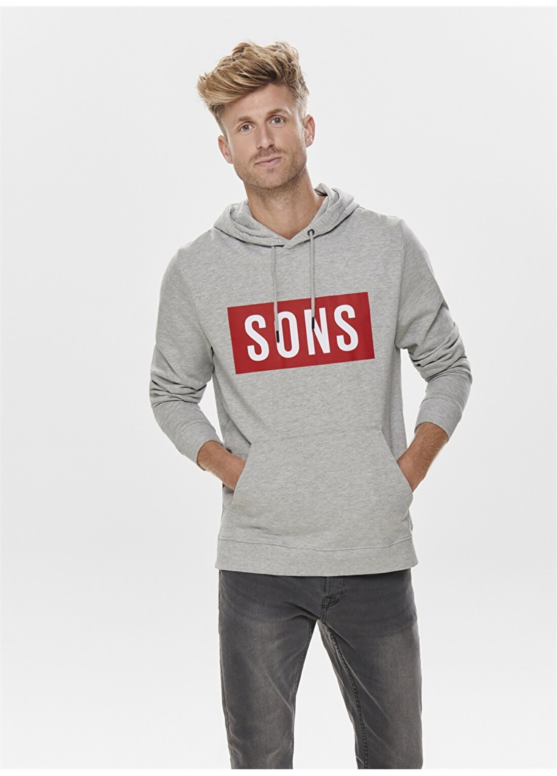 Only & Sons Gri Kapüşonlu Baskılı Sweatshirt