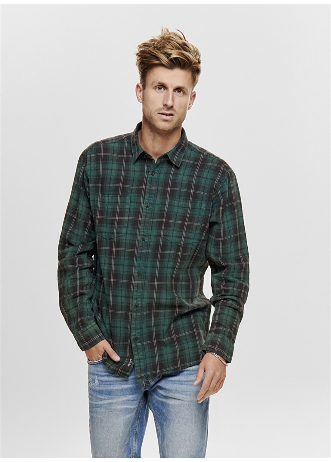 Only & Sons Gömlek Yaka Uzun Kollu Kareli Yeşil Erkek Oduncu Gömlek