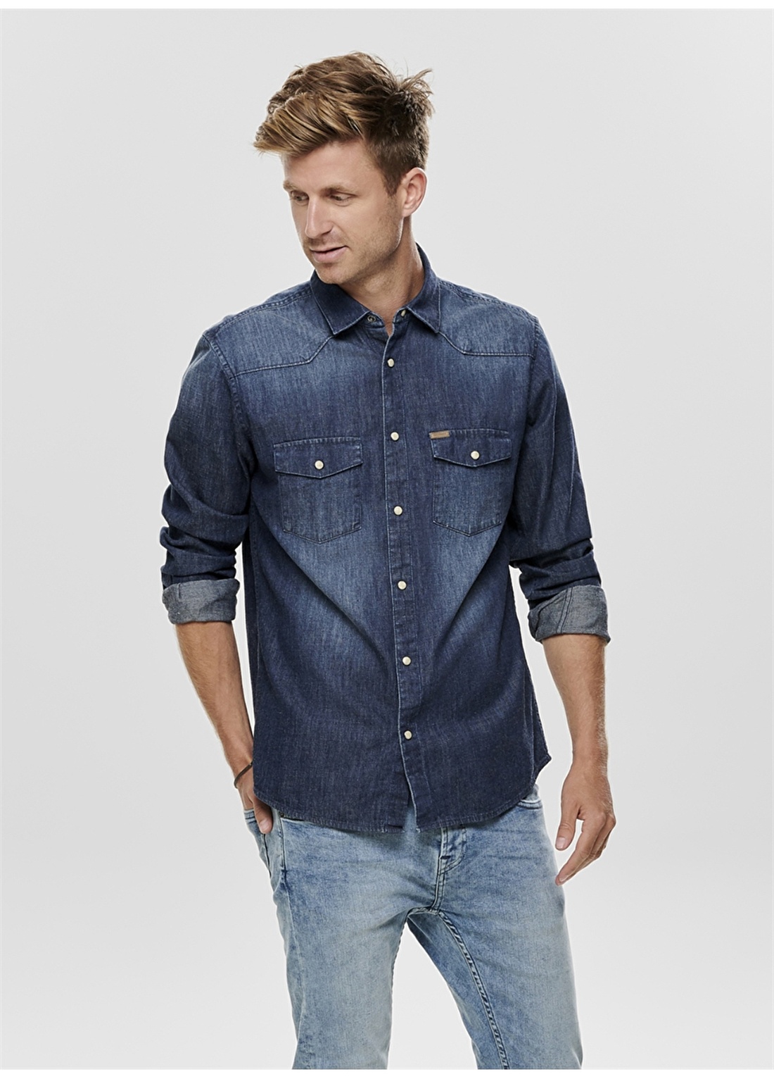 Only & Sons Koyu Mavi Denim Gömlek