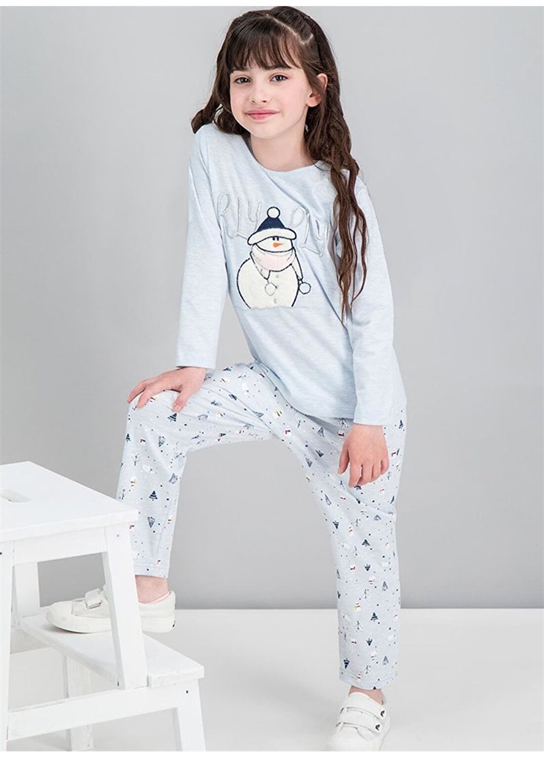 Roly Poly Baskılı Mavi Melanj Kız Çocuk Pijama Takımı