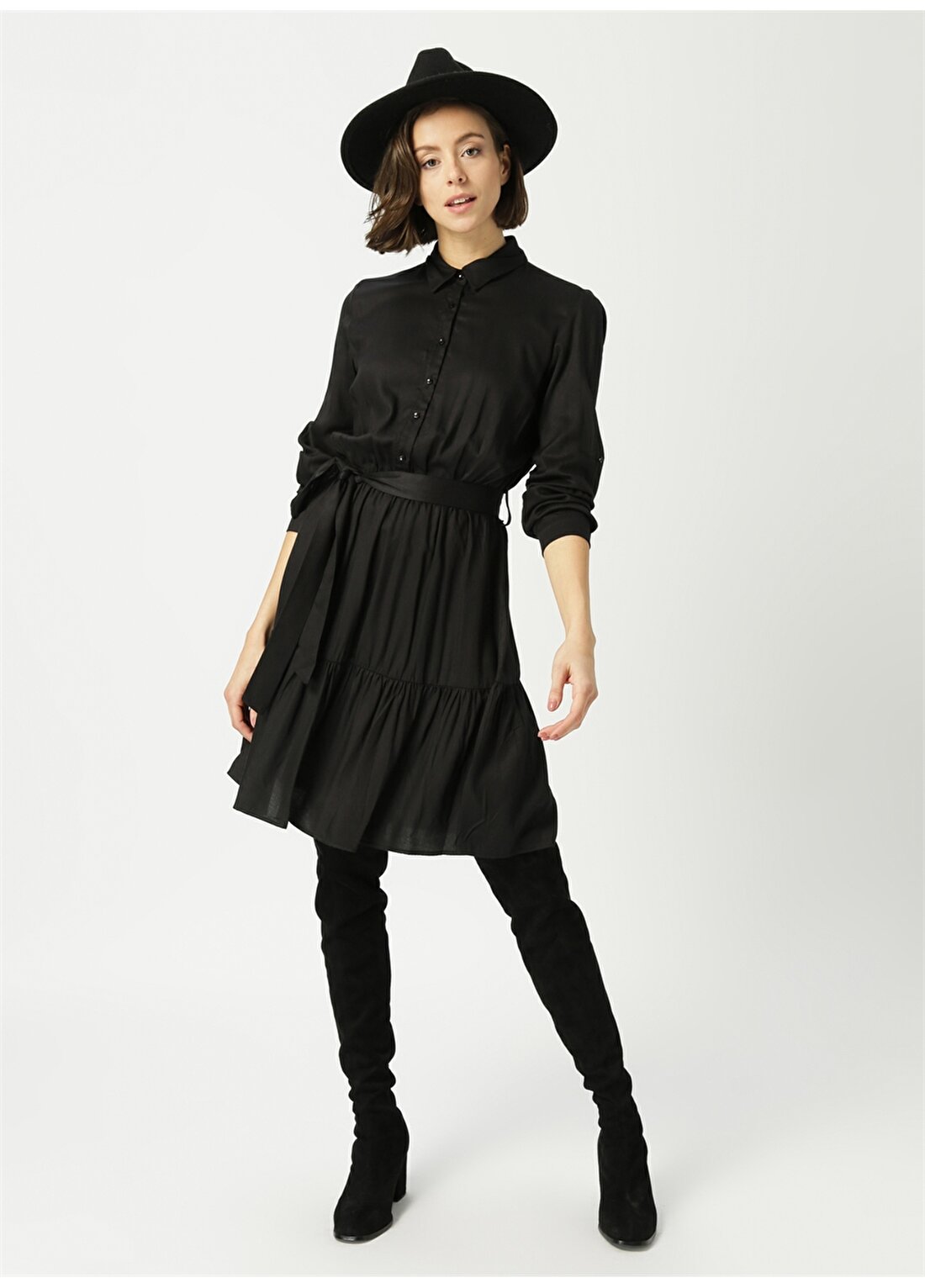 Network Gömlek Yaka Uzun Kollu Kuşaklı Siyah Kadın Elbise