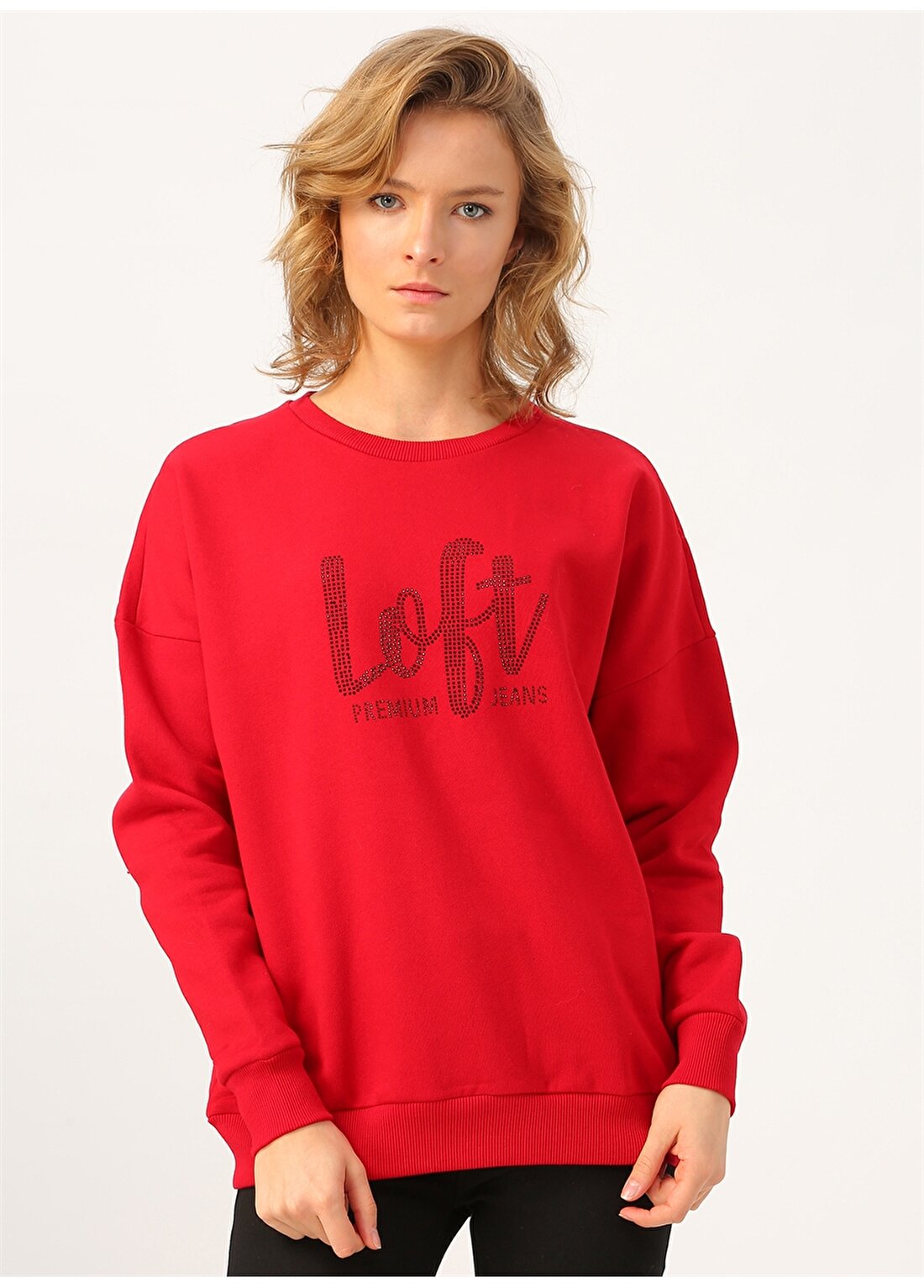 Loft LF2024684 Bisiklet Yaka Uzun Kollu Taş İşlemeli Kırmızı Kadın Sweatshirt