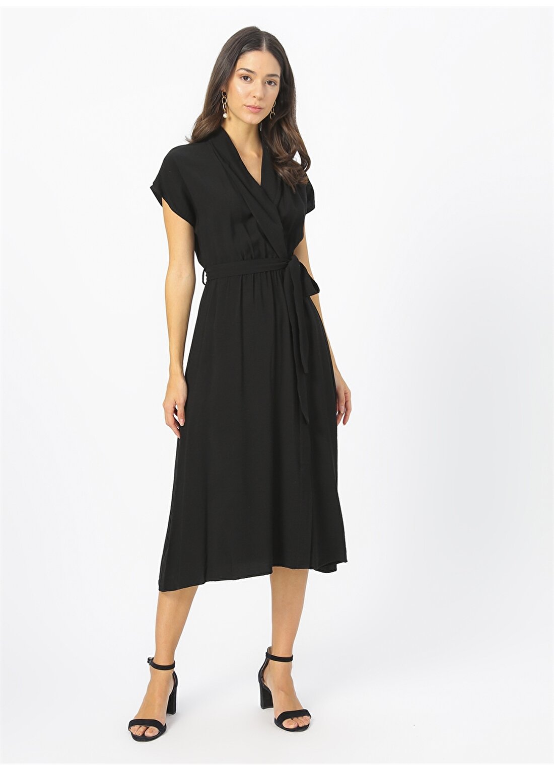 Fabrika Comfort V Yaka Düz Siyah Kadın Elbise