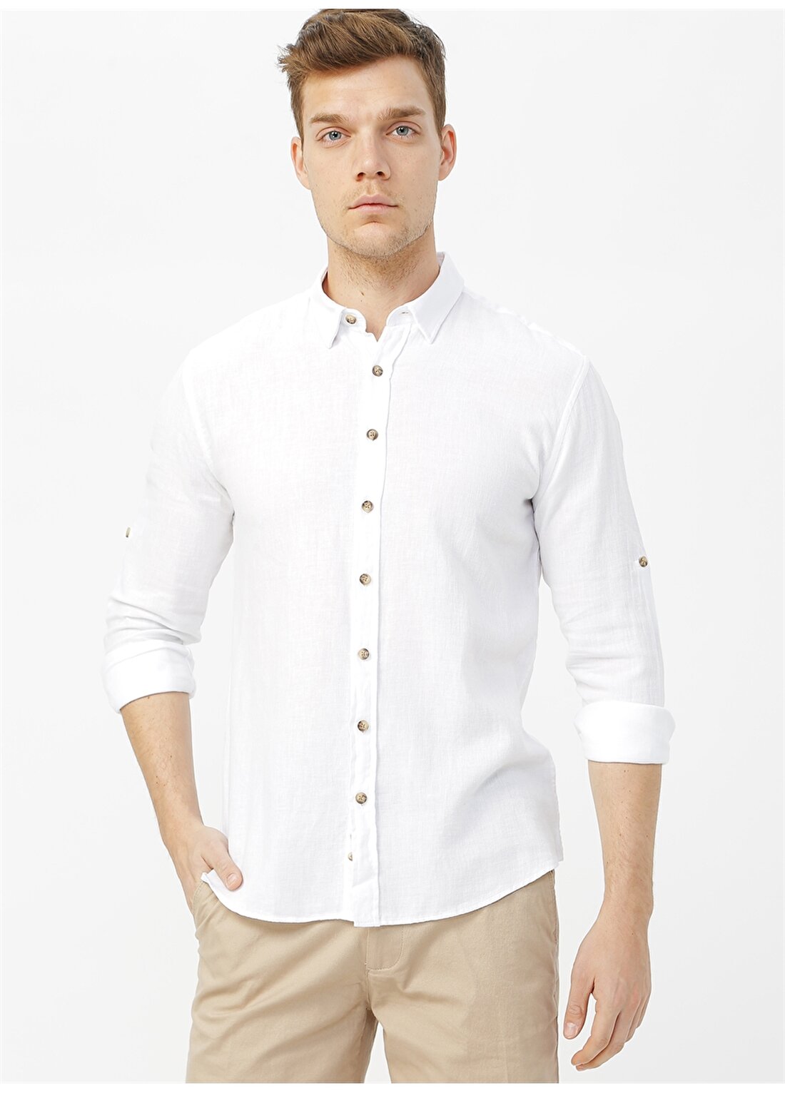 Fabrika Beyaz Erkek Keten Karışımlı Gömlek PONT