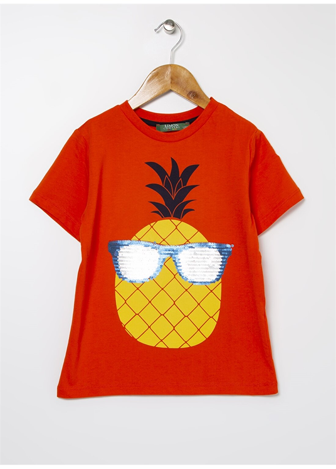 Limon Gözlüklü Ananas Baskılı Bisiklet Yaka Koyu Turuncu Erkek Çocuk T-Shirt