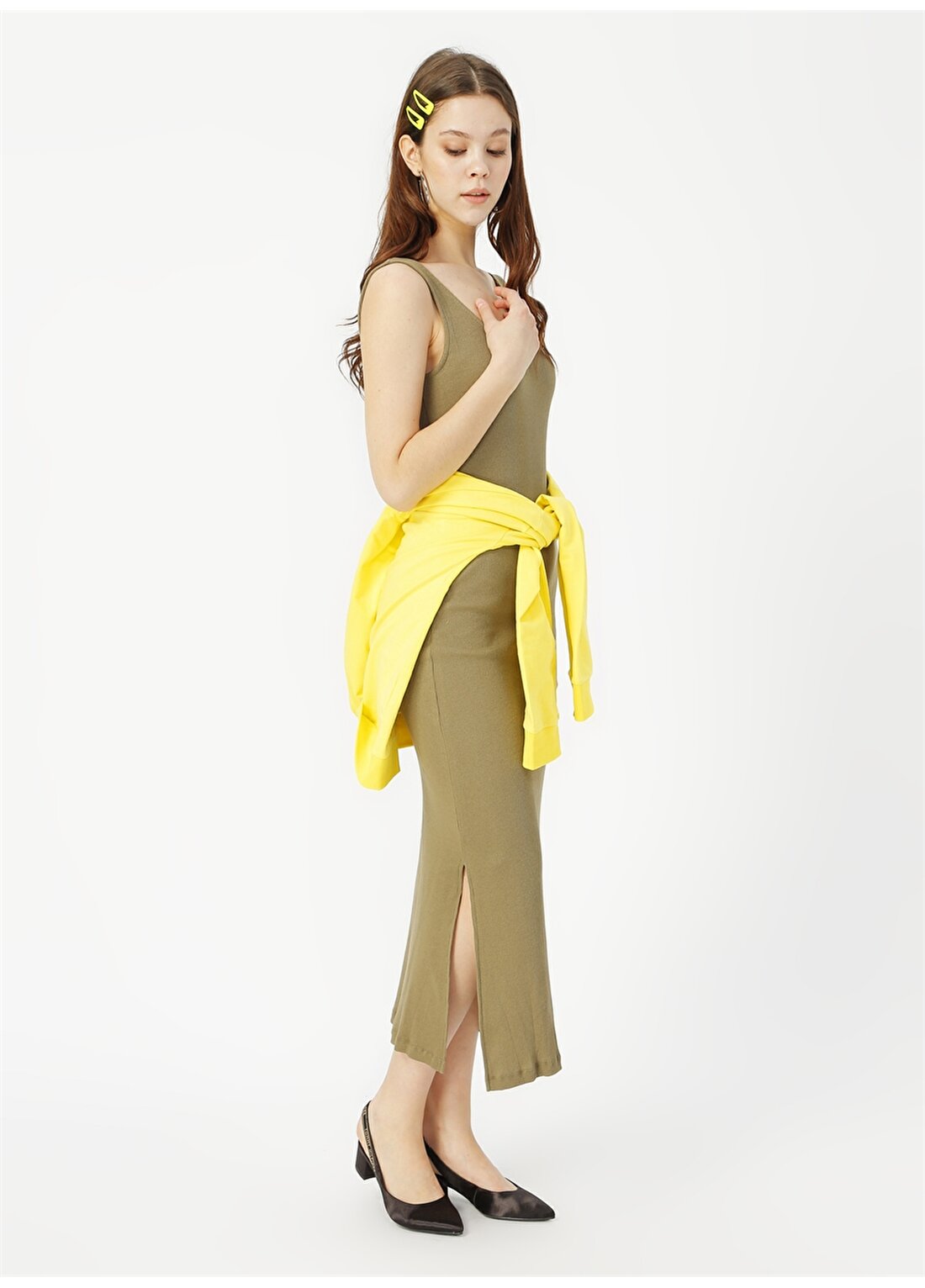 Limon Elpa Askılı Diz Altı Haki Kadın Elbise