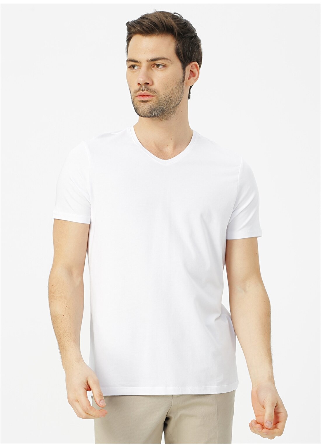 Fabrika V Yaka Basic Düz Beyaz Erkek T-Shirt - BASIC V