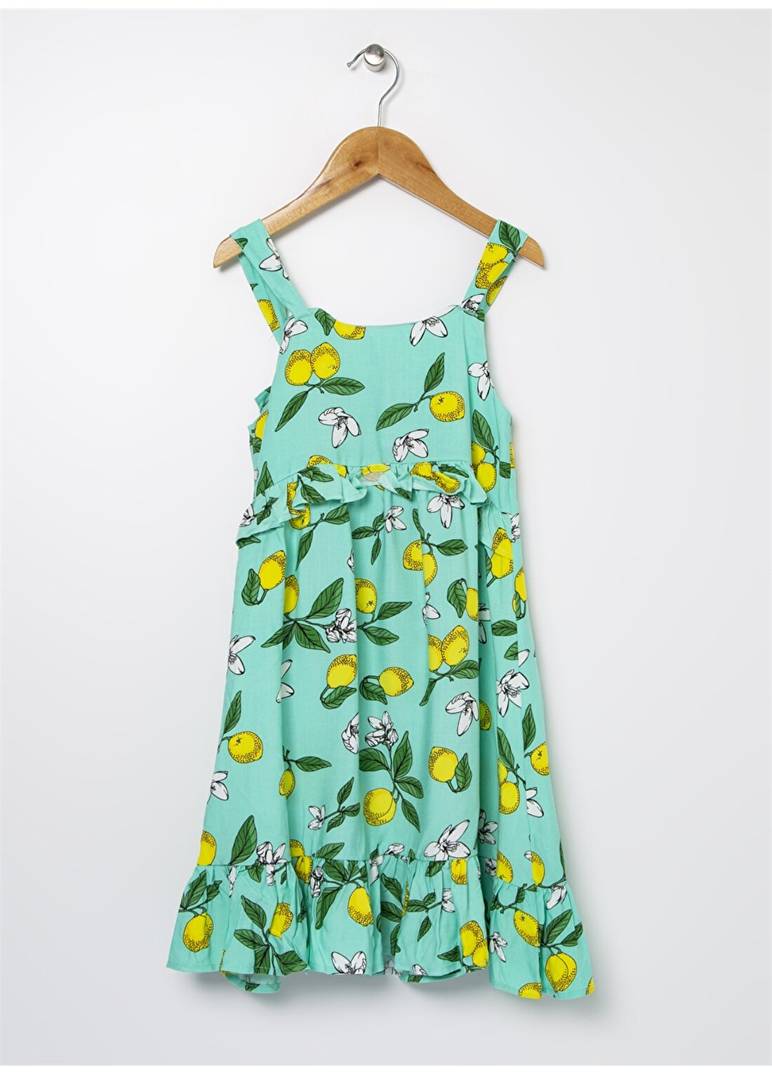 Limon Kare Yaka Askılı Kol Limon Desenli Su Yeşili Kız Çocuk Elbise