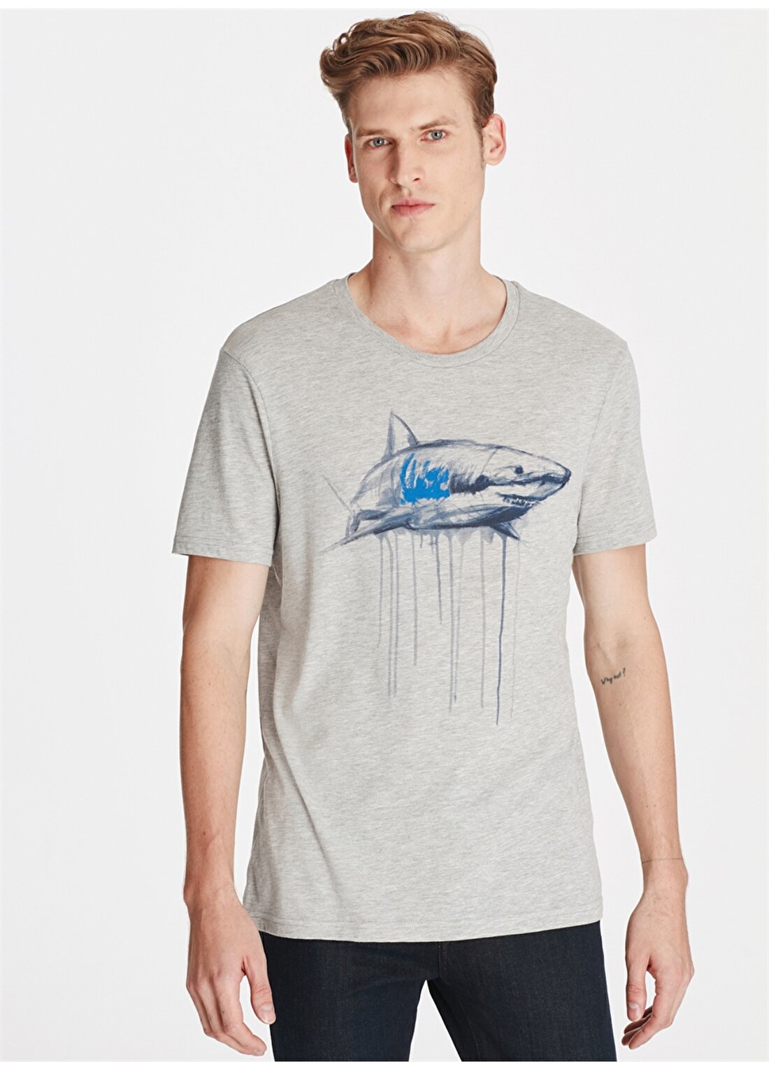 Mavi Köpekbalığı Baskılı Açık Gri T-Shirt