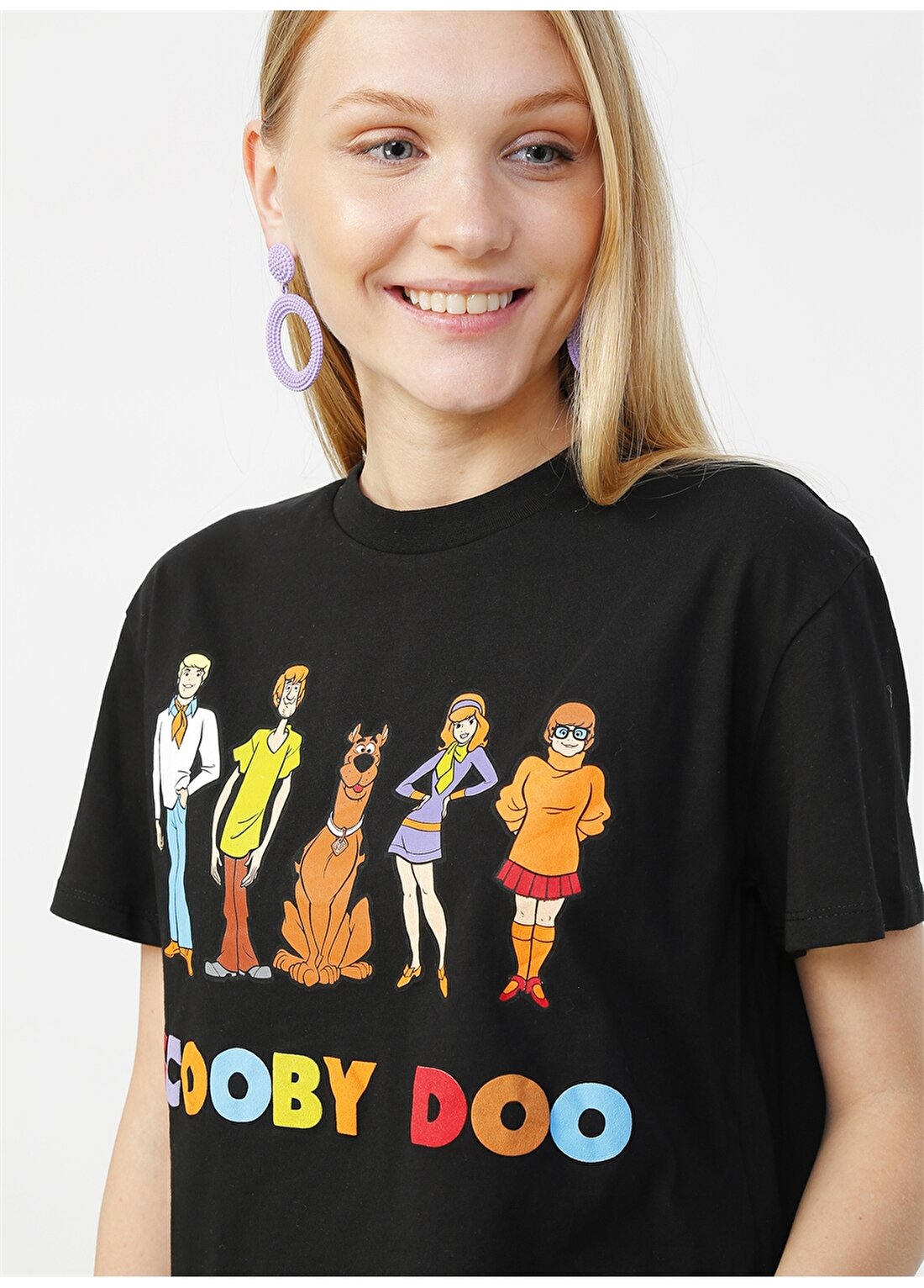 Mavi Scooby Doo Baskılı Penye Siyah T-Shirt