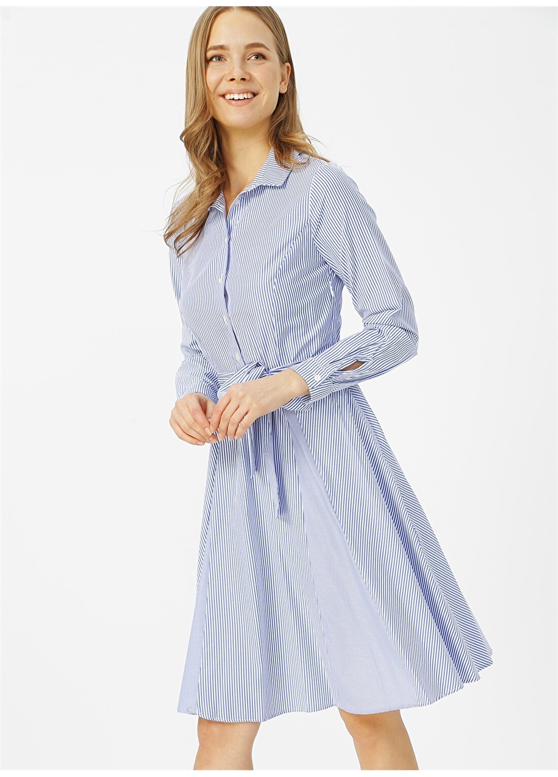 Koton Gömlek Yaka Çizgili Mavi Melanj Kadın Elbise