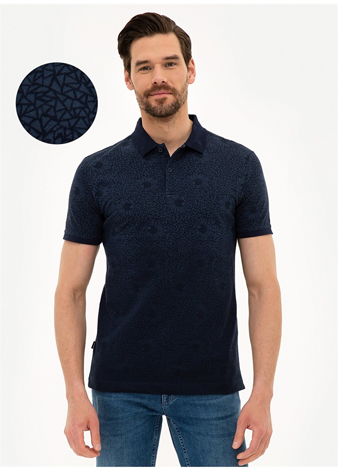 Pierre Cardin Polo Yaka Kısa Kol Pamuklu Geometrik Desen Slim Fit Lacivert Erkek T-Shirt