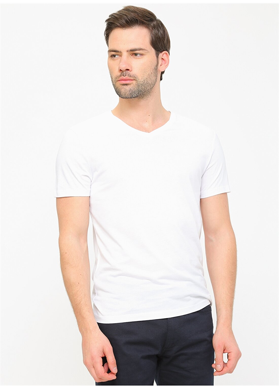 Pierre Cardin V Yaka Kısa Kol Düz Slim Fit Beyaz Erkek T-Shirt
