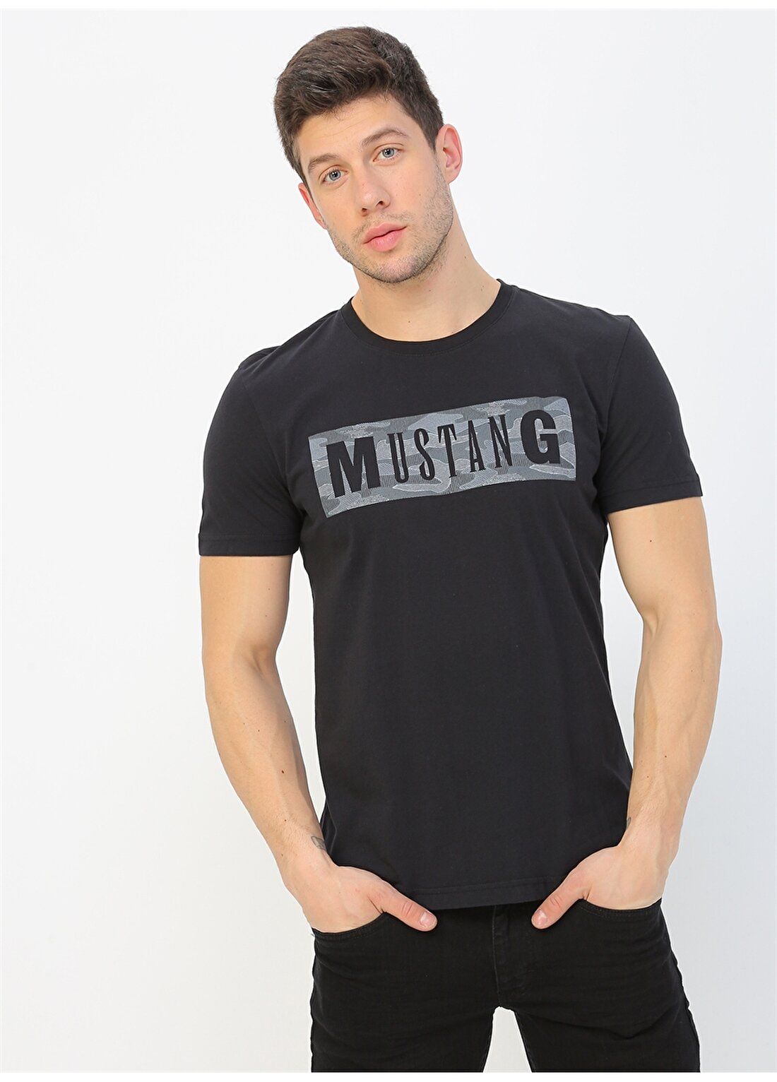 Mustang Baskılı Siyah T-Shirt