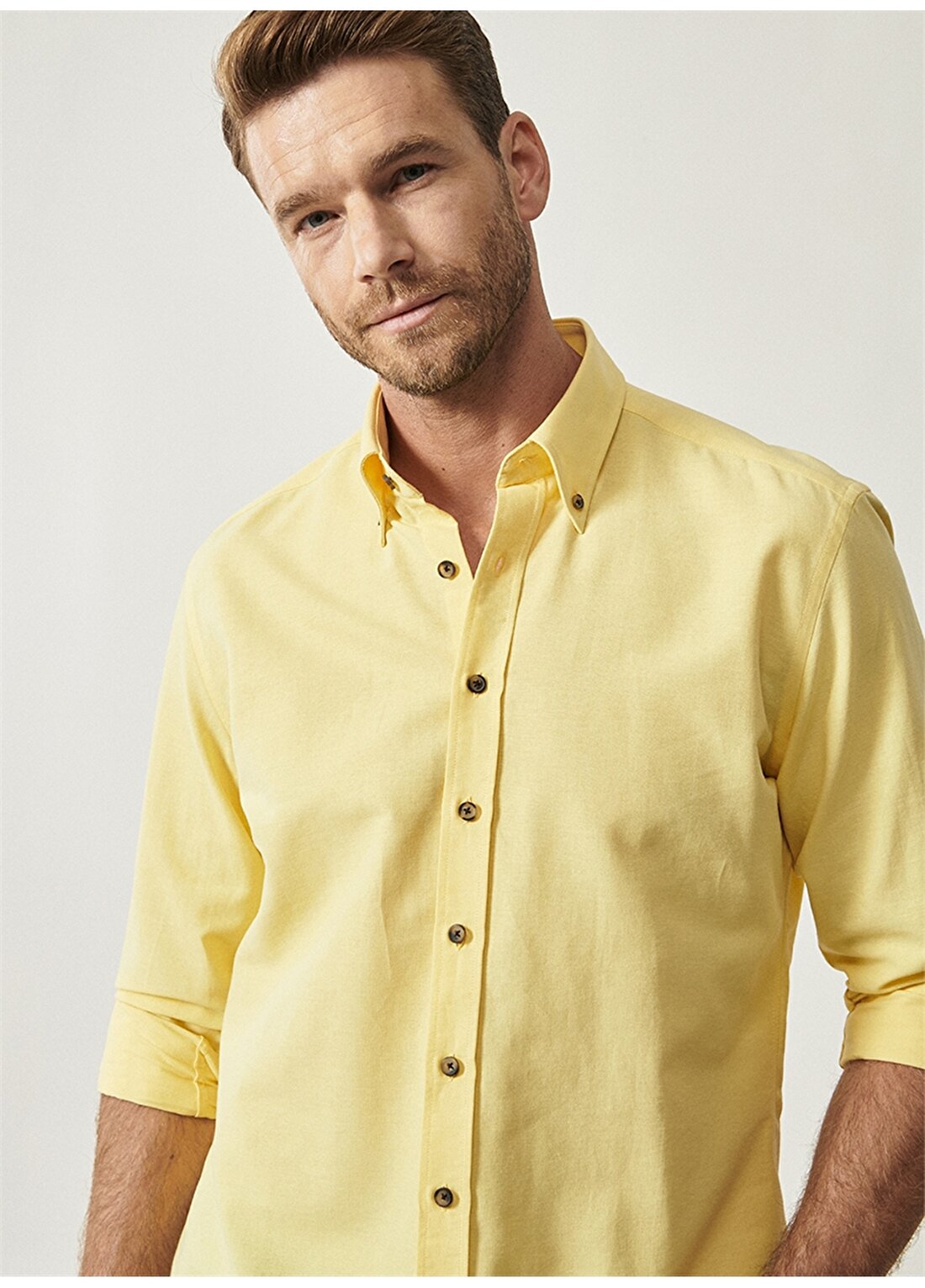 Altınyıldız Classics Slim Fit Düğmeli Yaka Oxford Sarı Erkek Gömlek