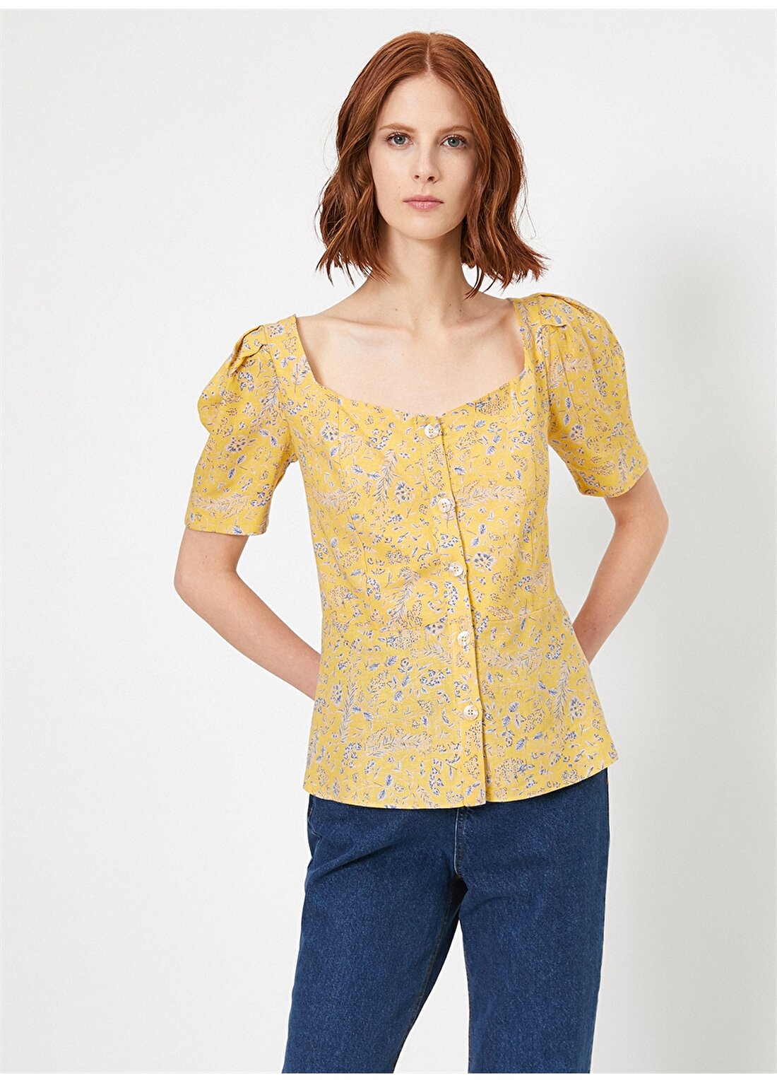 Koton Çiçek Desenli Keten Sarı Kadın Gömlek