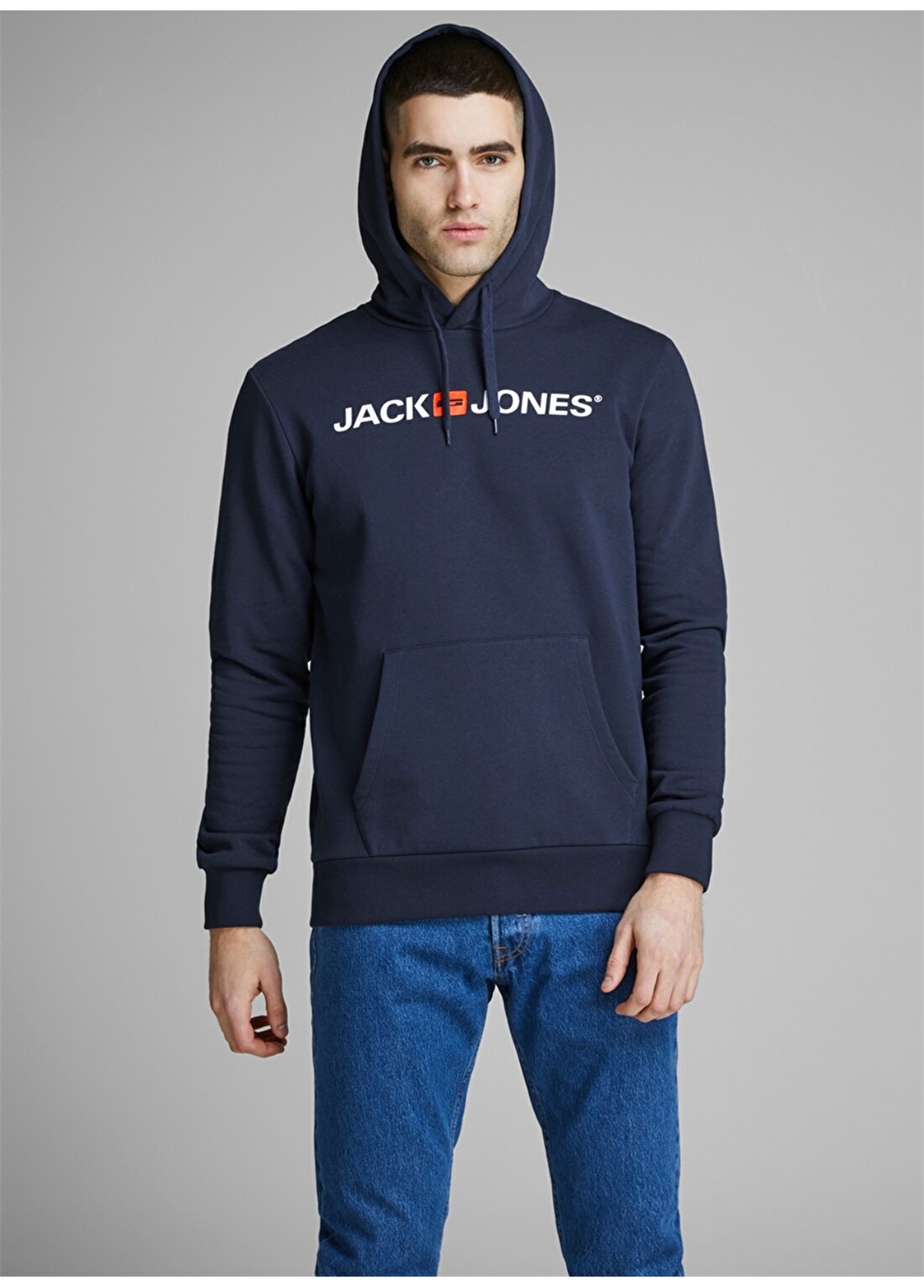 Jack & Jones 12137054_Jjecorp Old Logo Sweat Hoo Kapüşonlu Uzun Kollu Regular Fit Baskılı Lacivert Erkek Sweatshirt