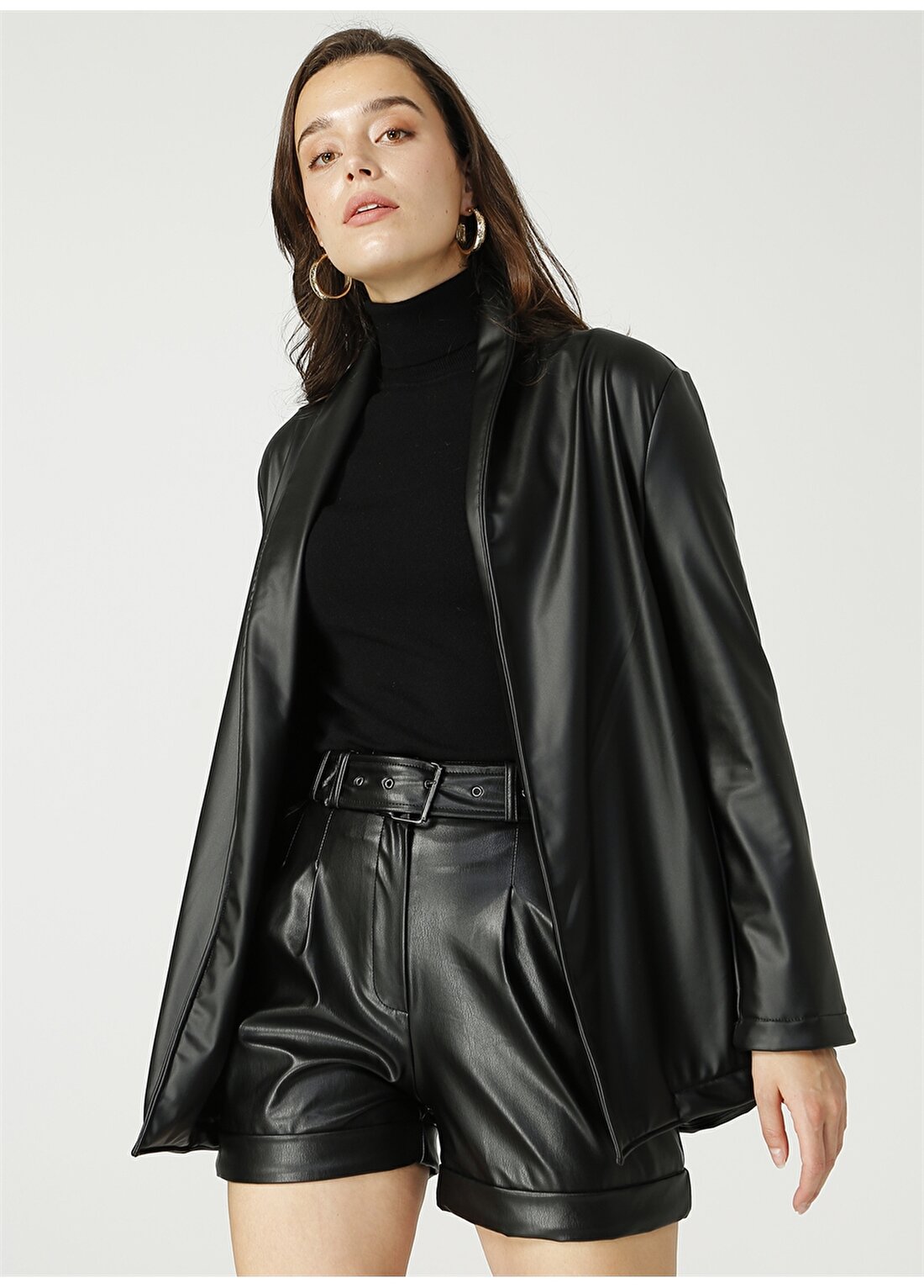 Fabrika Comfort Şal Yaka Deri Görünümlü Düz Siyah Kadın Ceket