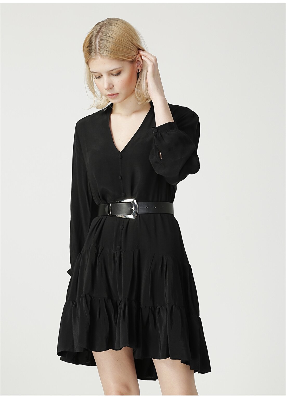 Limon Düz Kaçık Yaka Uzun Kol Geniş Fit Siyah Kadın Elbise