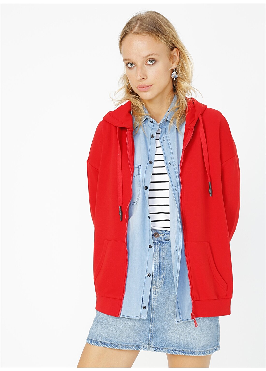 Limon VERONA Kapüşonlu Uzun Kol Standart Düz Kırmızı Kadın Sweatshirt
