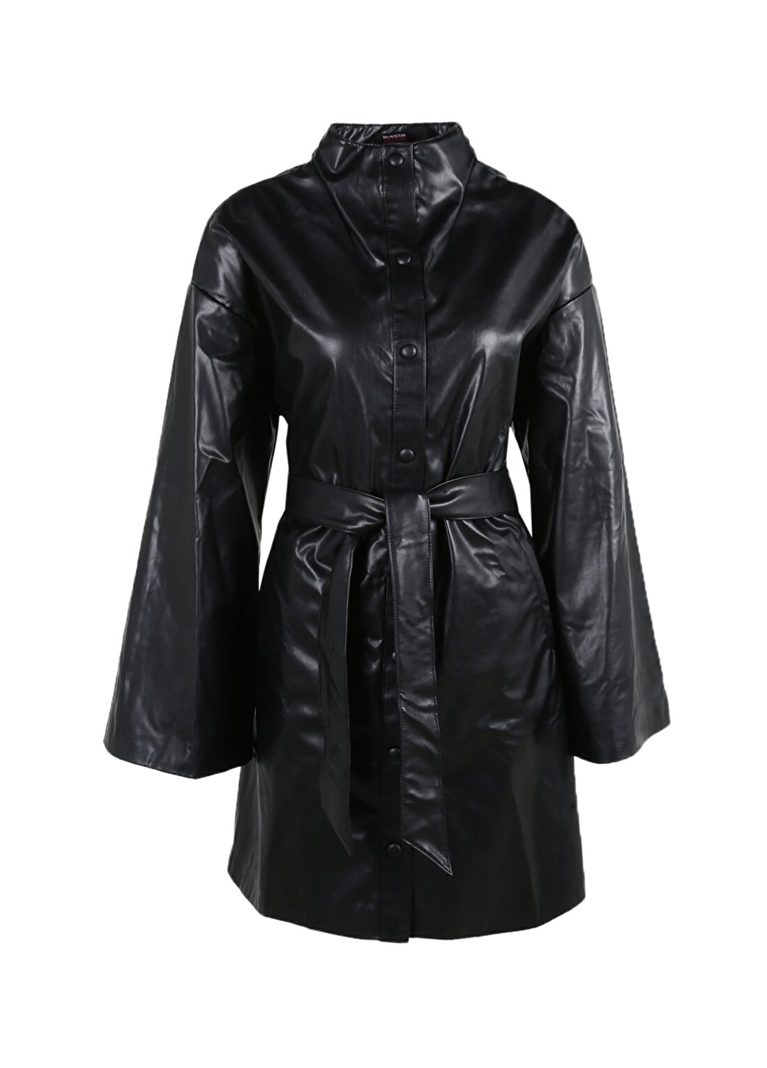 Selma Çilek Siyah Kadın Dik Yaka Deri Görünümlü Elbise SLM-76