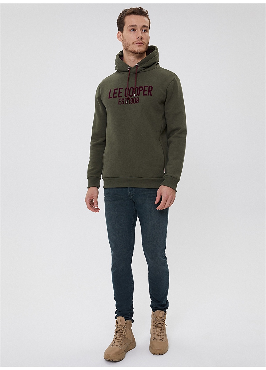 Lee Cooper 211 LCM 241071 Kapüşonlu Baskılı Haki Erkek Sweatshirt