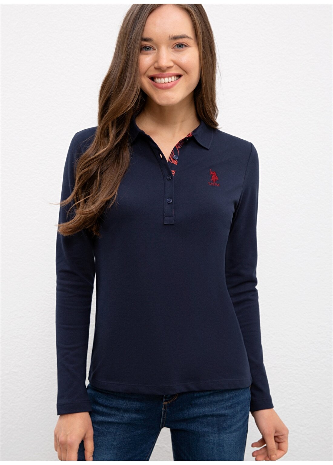 U.S. Polo Assn. Polo Yaka Slim Fit Düz Lacivert Kadın Sweatshirt