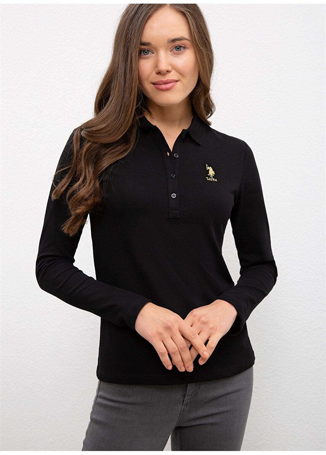 U.S. Polo Assn. Polo Yaka Slim Fit Düz Siyah Kadın Sweatshirt