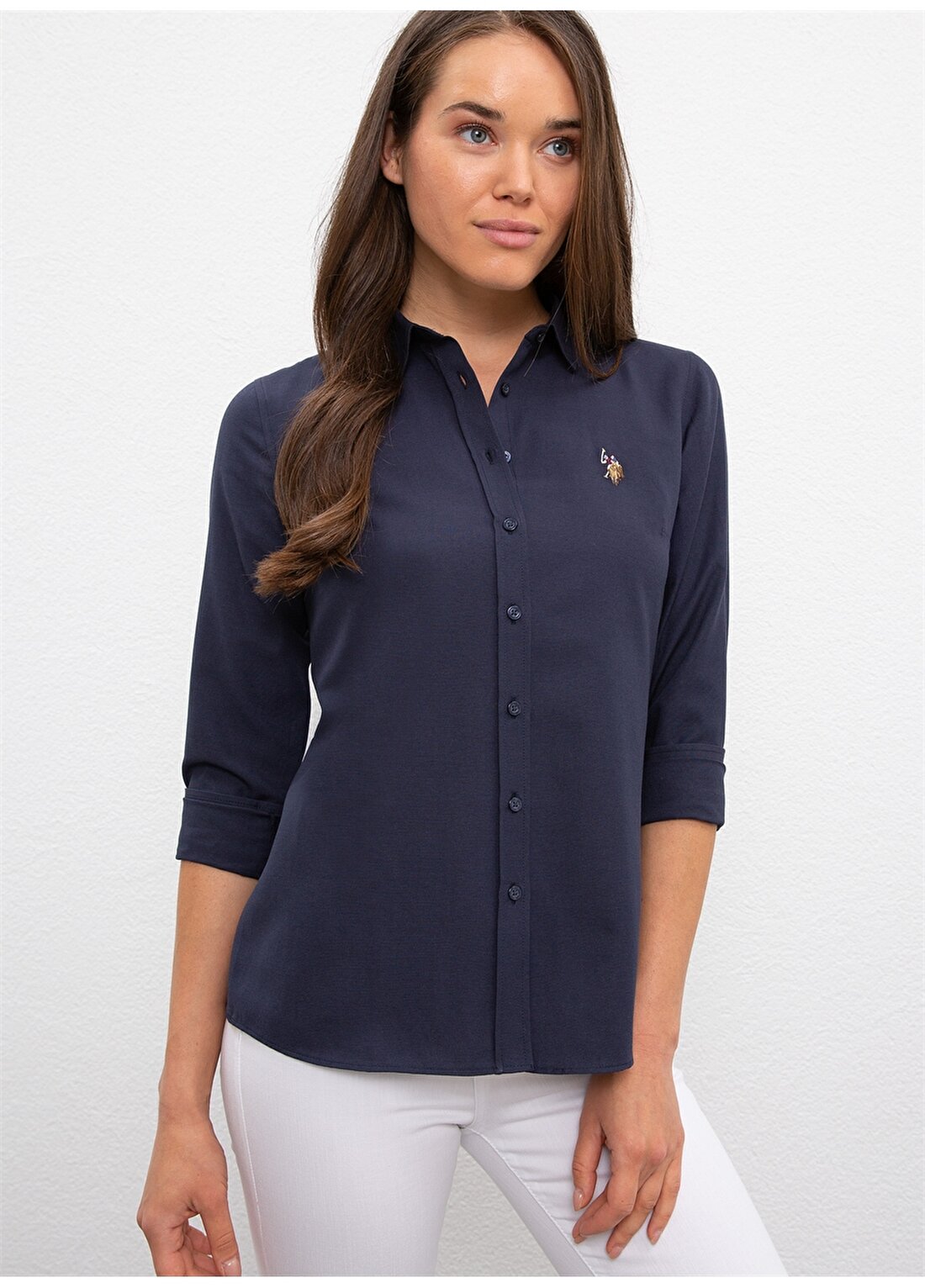 U.S. Polo Assn. Slim Fit Gömlek Yaka Düz Lacivert Kadın Gömlek WOXCOLOR020K