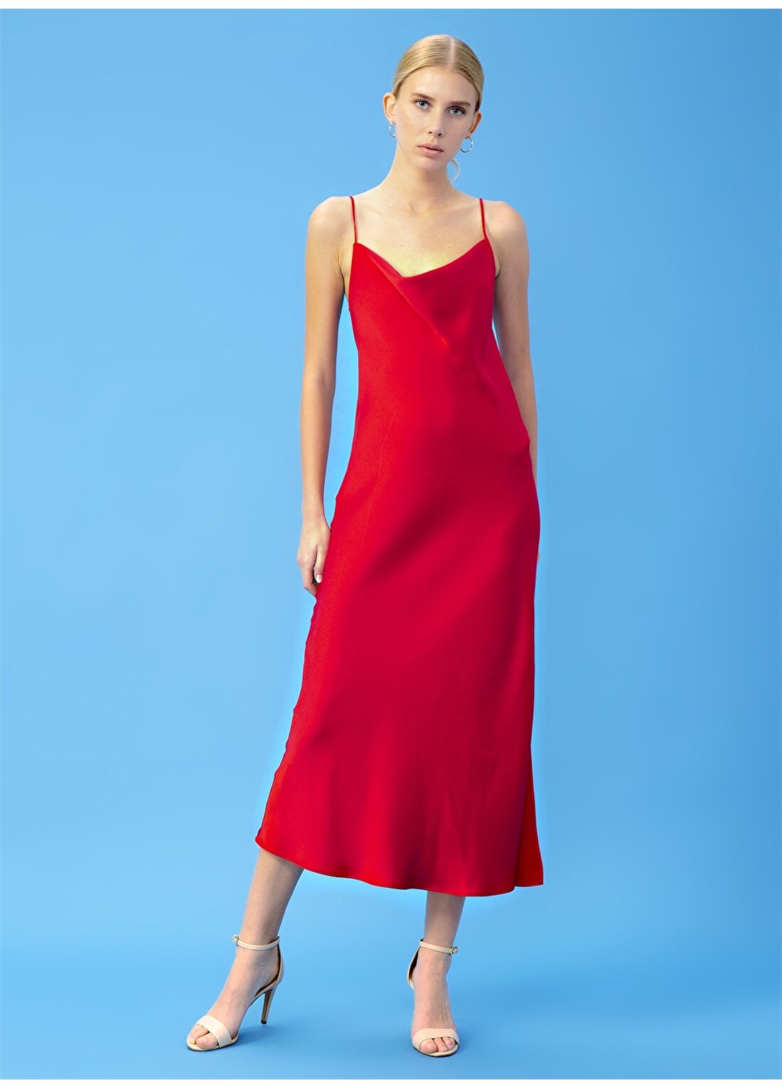 DM X Boyner Degaje Yaka Düz Kırmızı Kadın Elbise