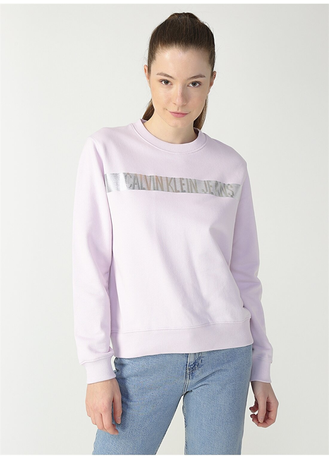 Calvin Klein Jeans Yuvarlak Yaka Rahat Baskılı Açık Mor Kadın Sweatshirt J20J214217VFG