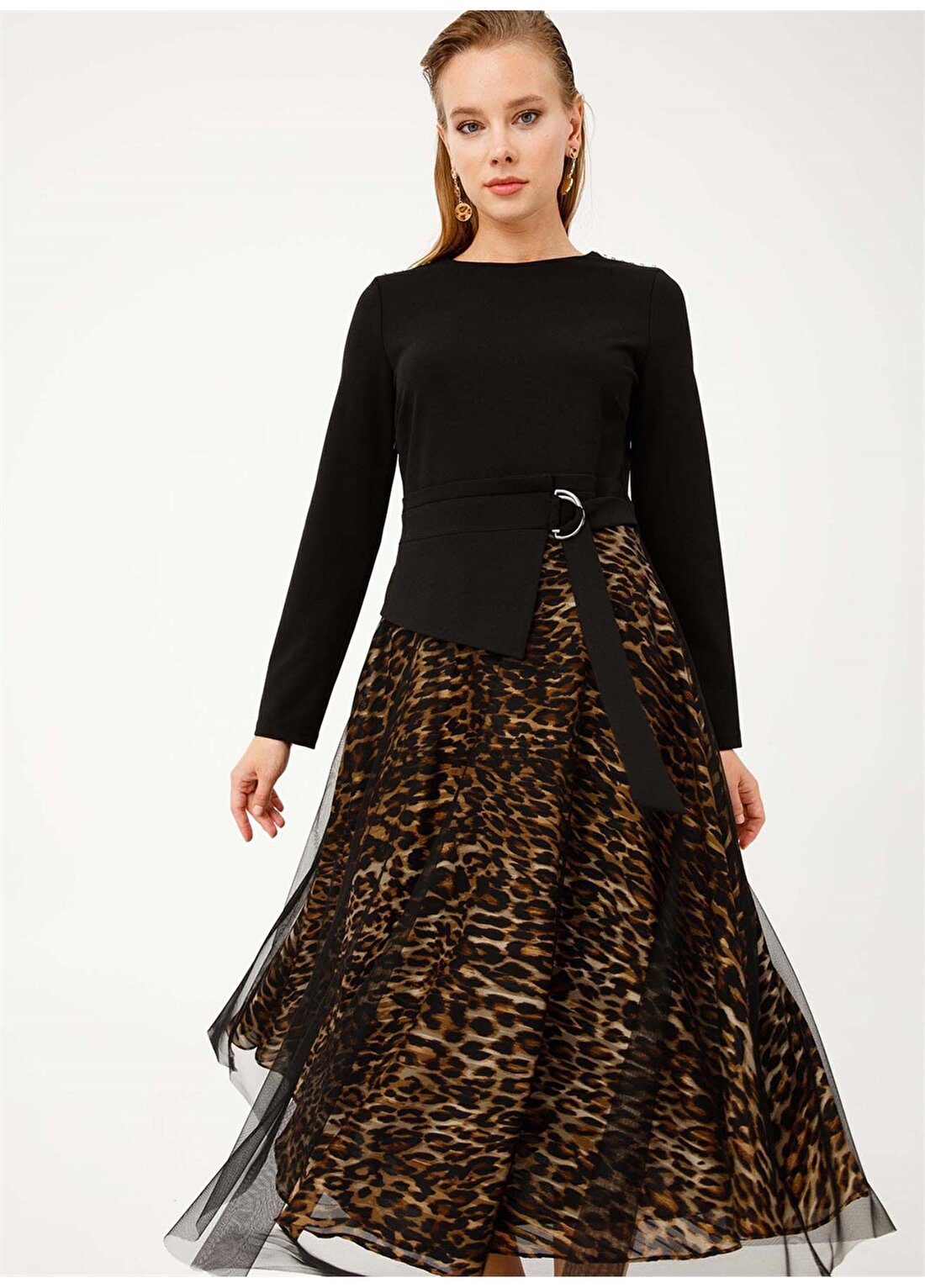 Ekol Siyah Leopar Desenli Elbise