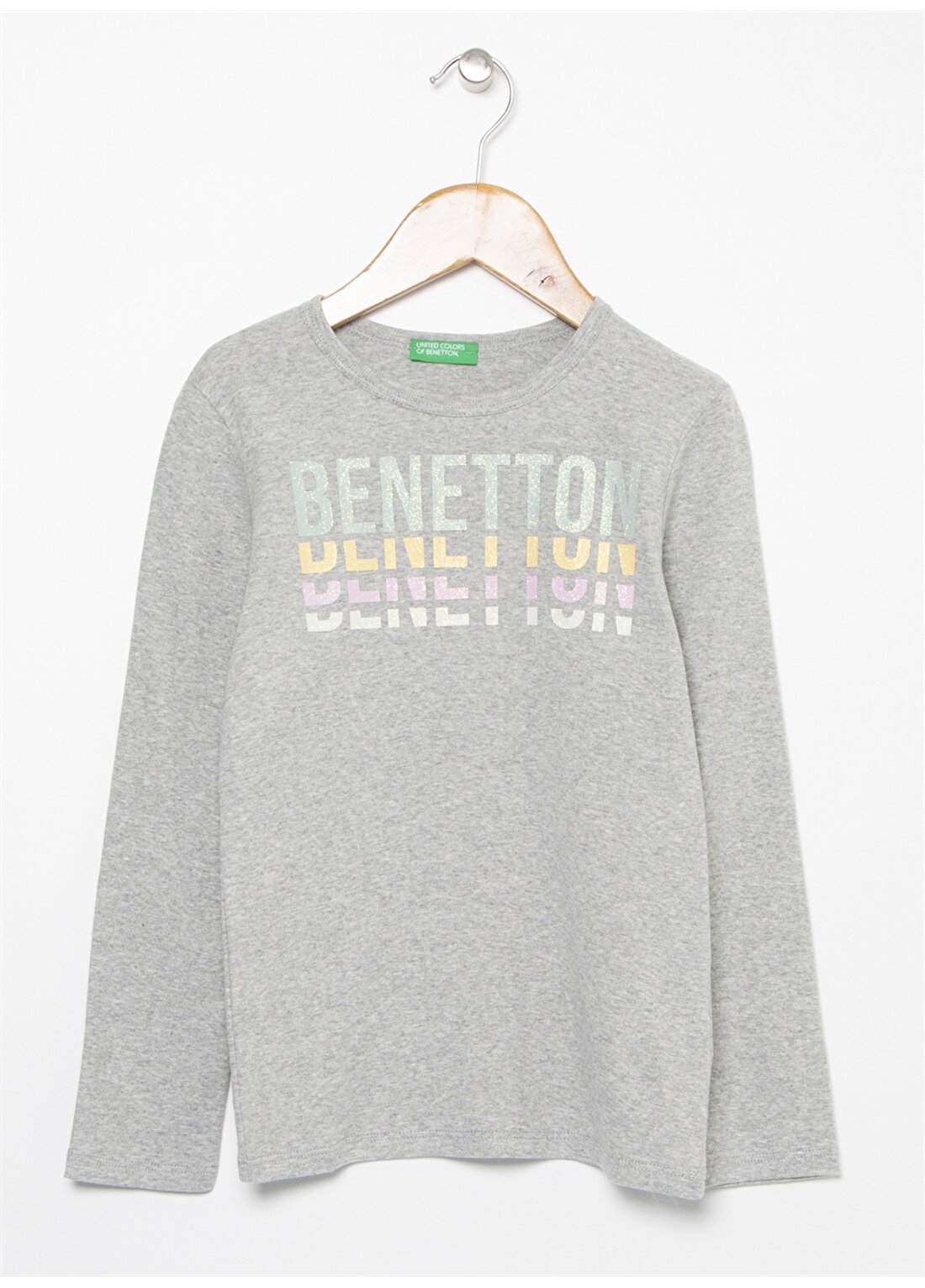 Benetton Yazılı Gri Melanj Kız Çocuk T-Shirt