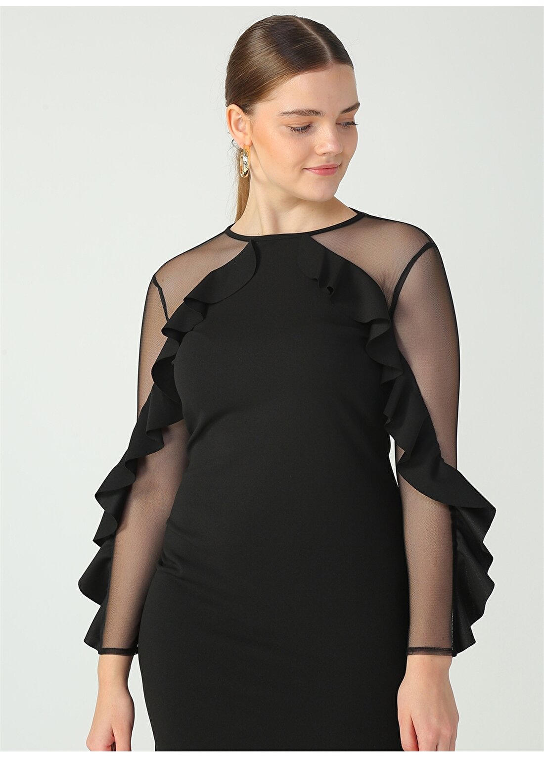 Ekol Yuvarlak Yaka Düz Siyah Kadın Gece Elbisesi