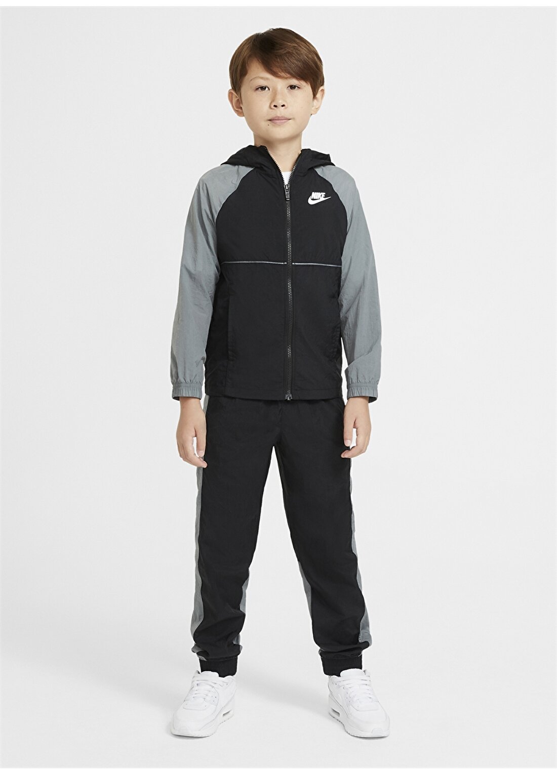 Nike CU9293-011 U NSW Woven Track Suit Kapüşonlu Cepli Dar Paça Siyah Gri Erkekçocuk Eşofman Takımı