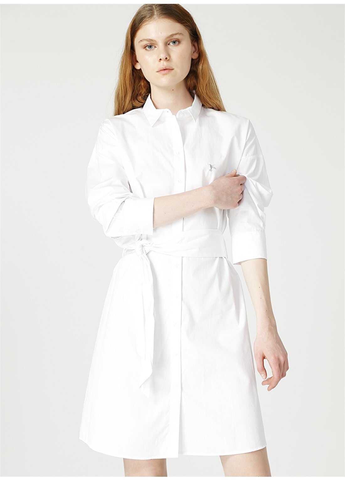 Fabrika Gömlek Yaka Düz Beyaz Kadın Elbise
