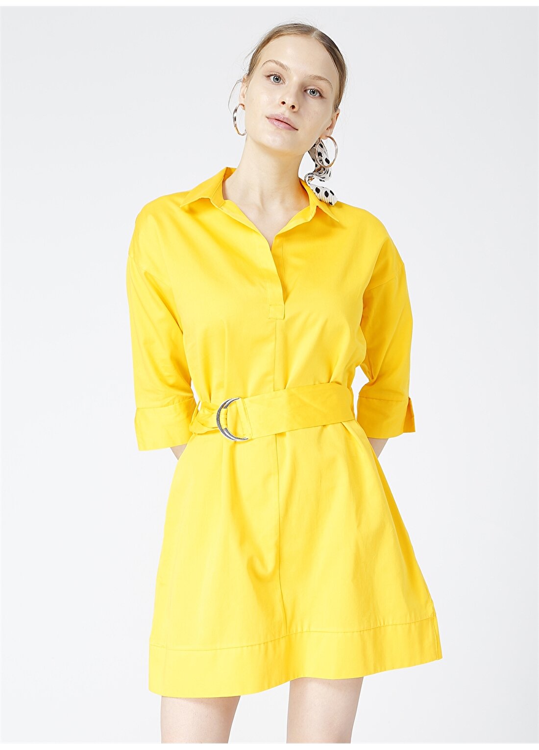 Fabrika Gömlek Yaka Düz Sarı Kadın Elbise