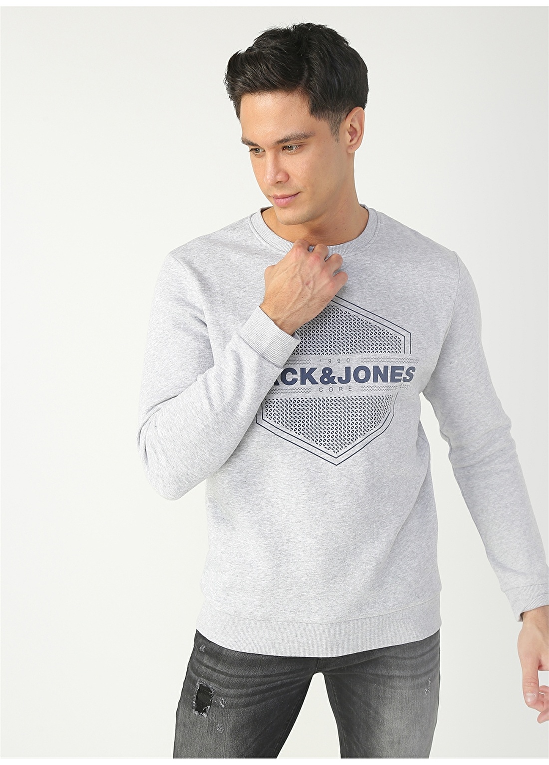 Jack & Jones O Yaka Normal Baskılı Açık Gri Erkek Sweatshirt