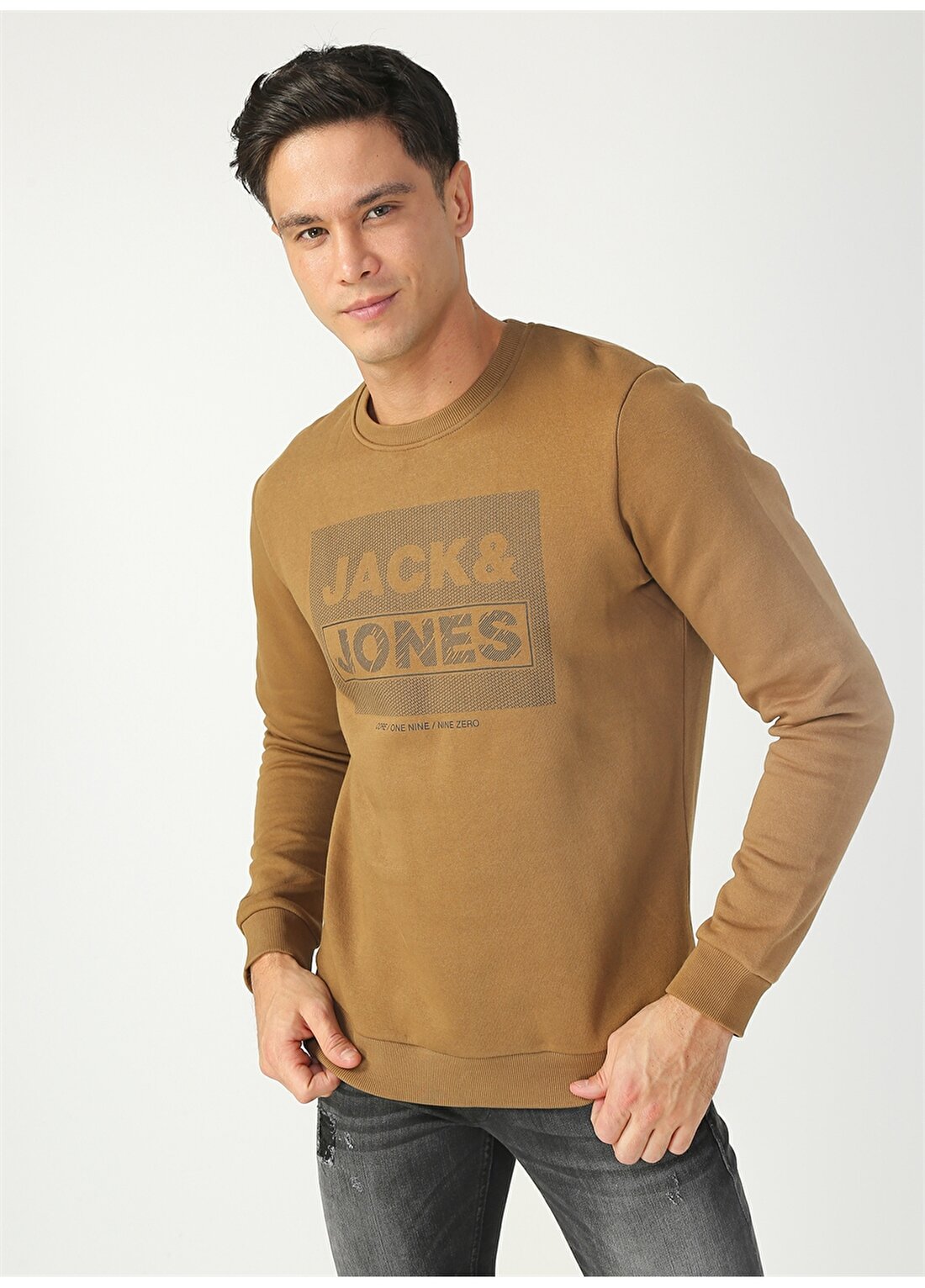 Jack & Jones O Yaka Normal Baskılı Açık Kahve Erkek Sweatshirt